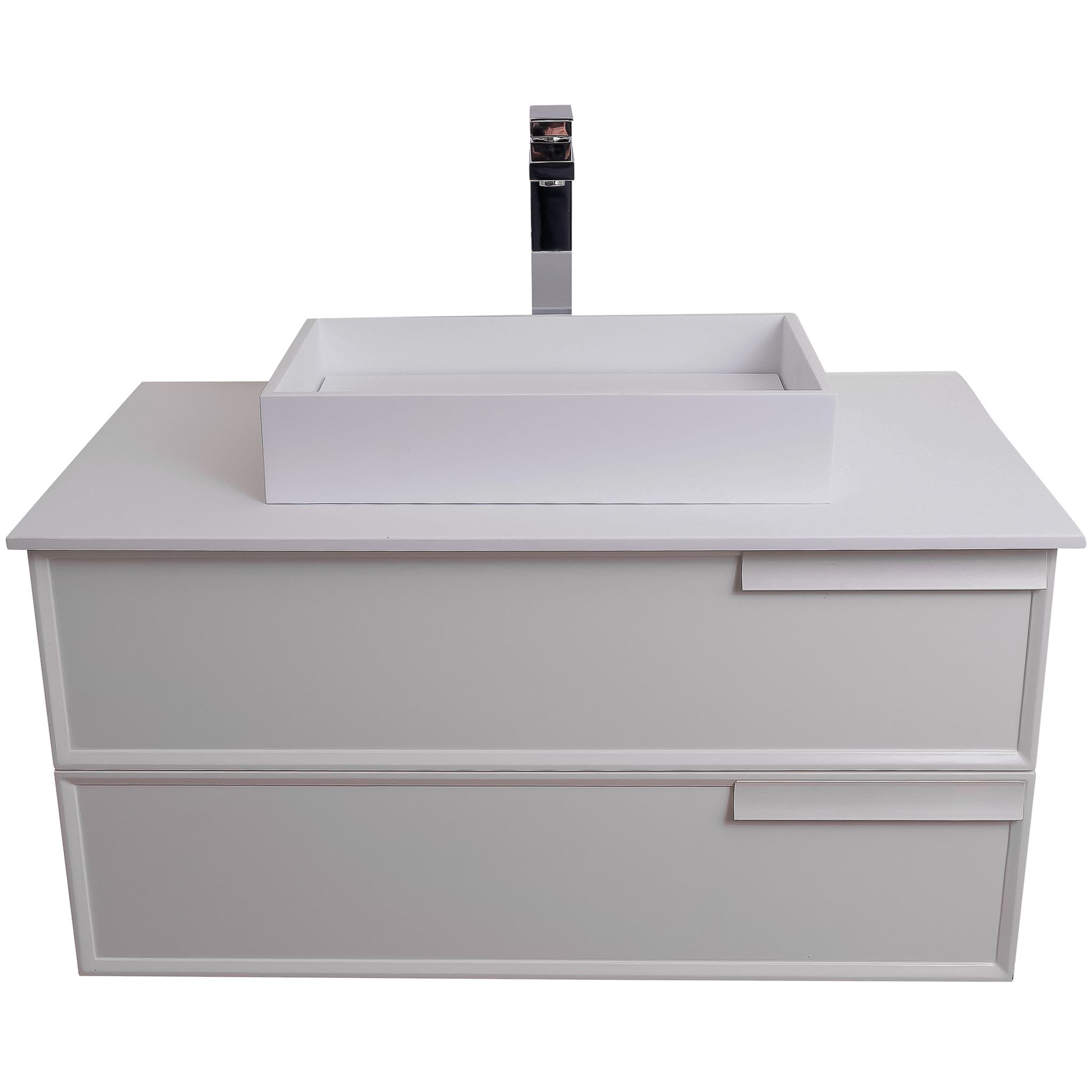 Garda 31.5 Matte White Cabinet, Solid Surface Flat White Counter and Infinity Square Solid Surface White Basin 1329, Wall Mounted Modern Vanity Set
