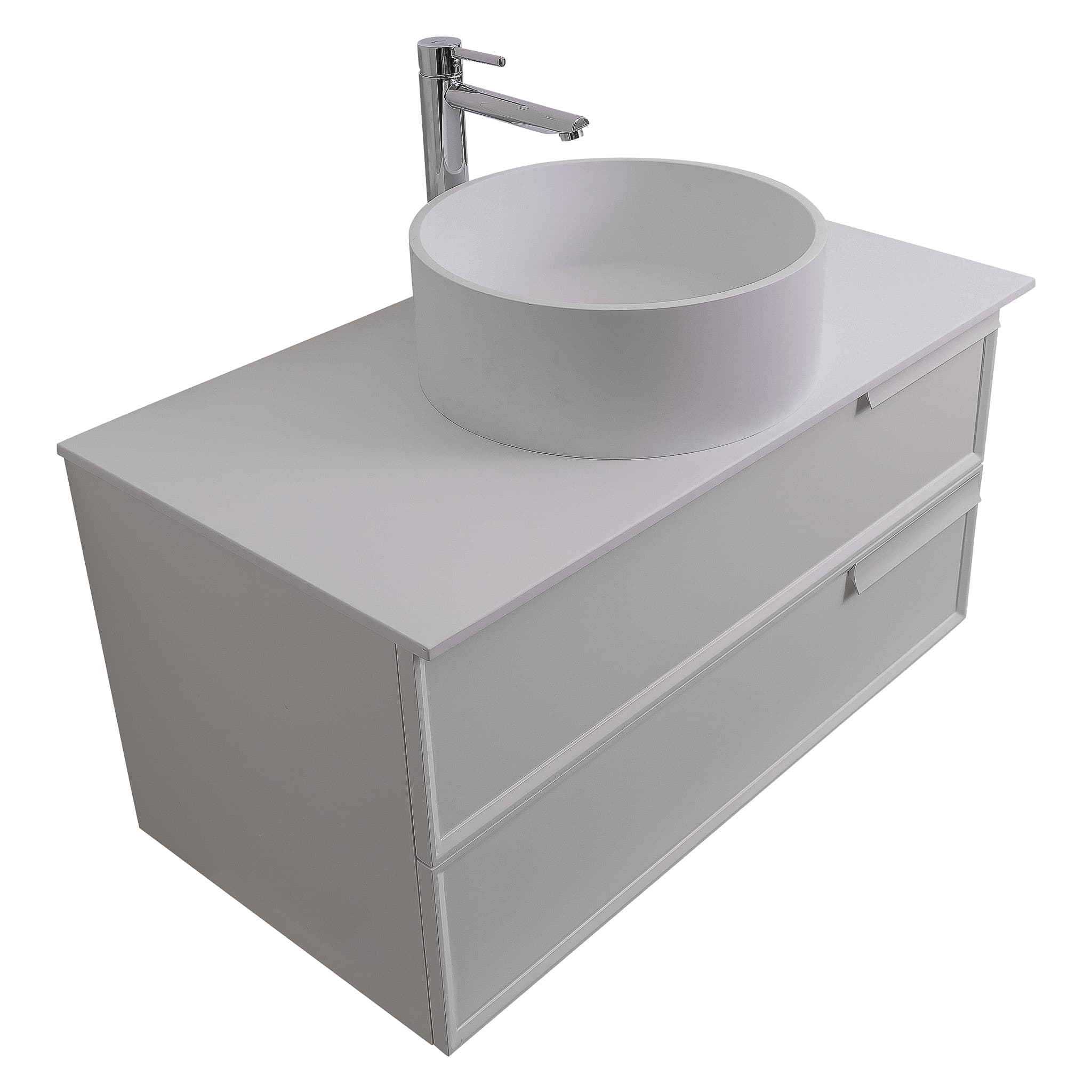 Garda 31.5 Matte White Cabinet, Solid Surface Flat White Counter and Round Solid Surface White Basin 1386, Wall Mounted Modern Vanity Set