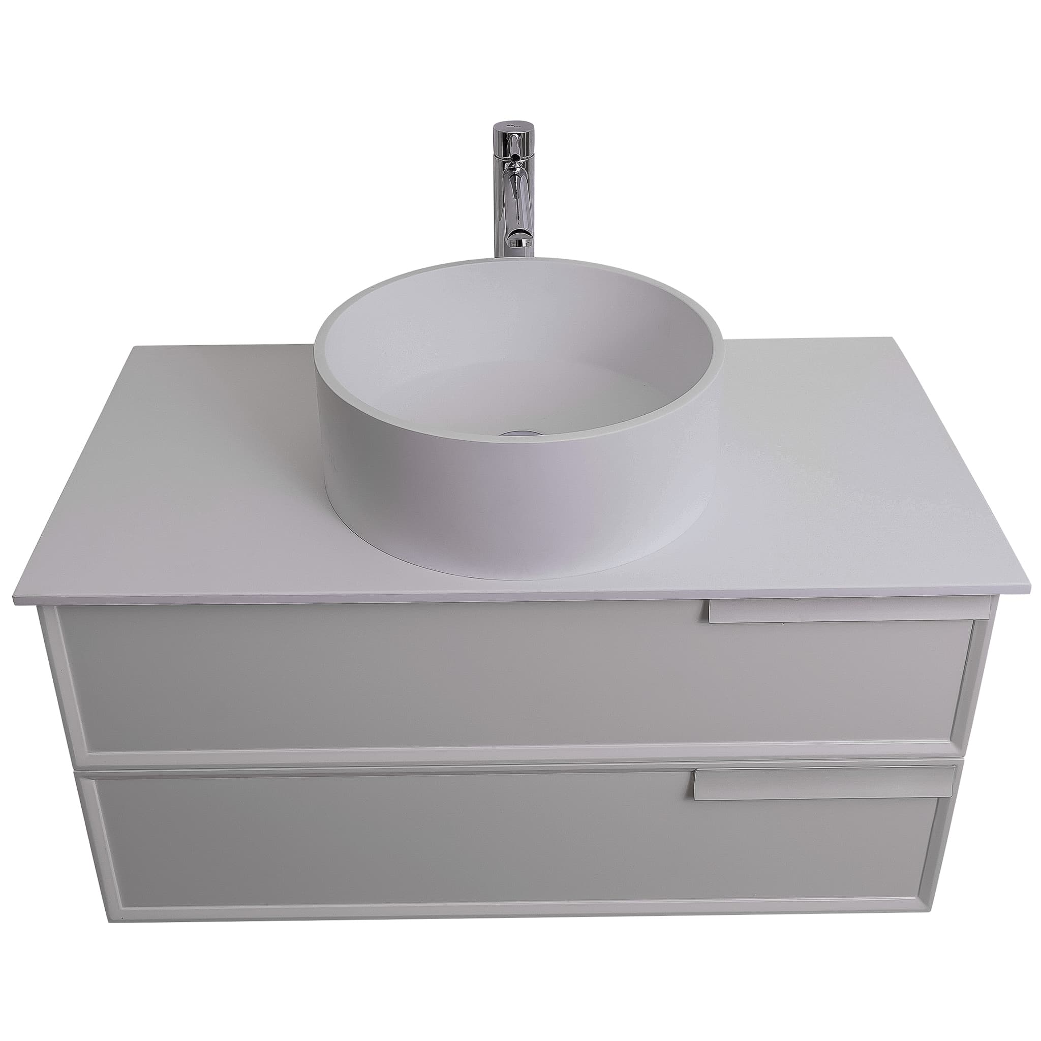 Garda 31.5 Matte White Cabinet, Solid Surface Flat White Counter and Round Solid Surface White Basin 1386, Wall Mounted Modern Vanity Set
