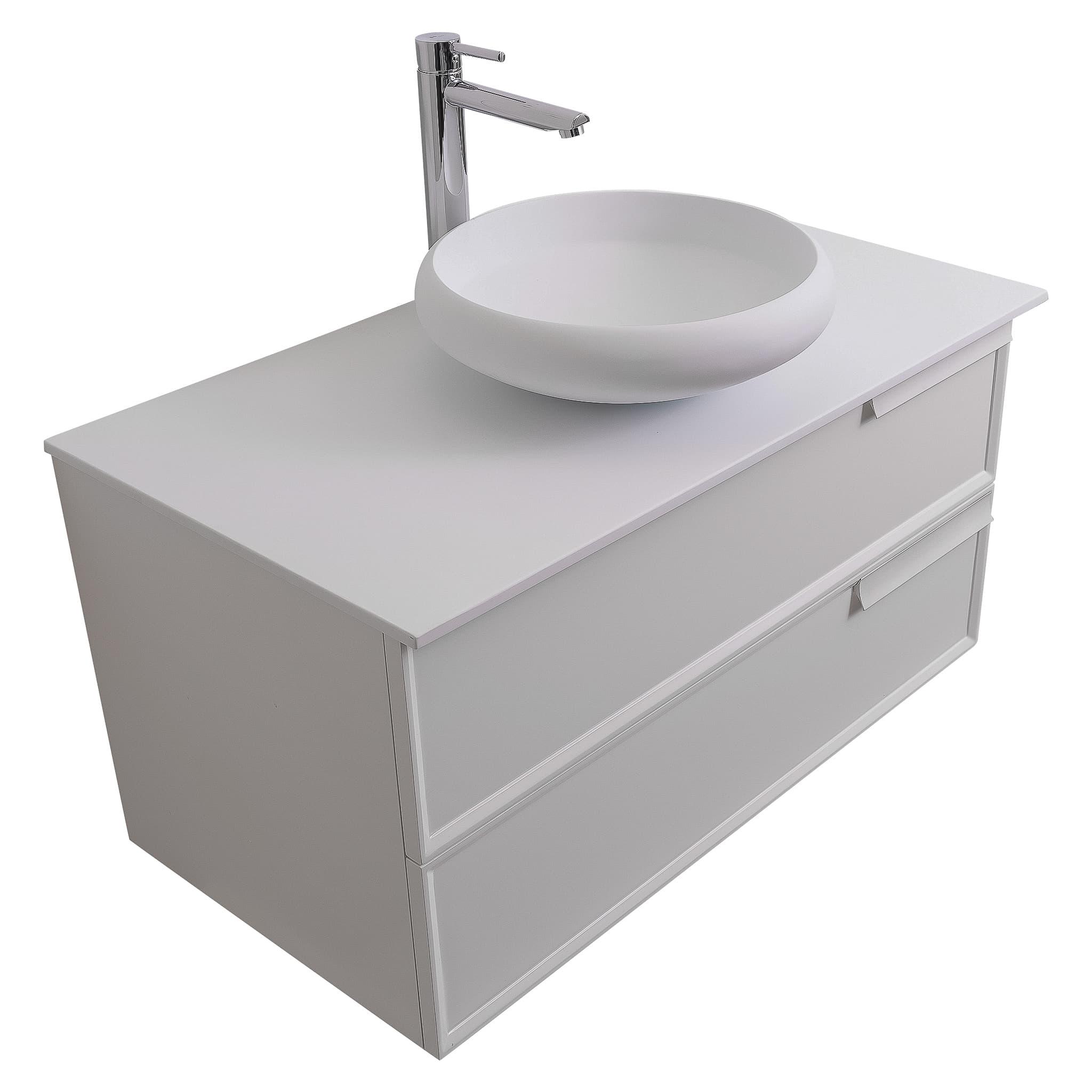 Garda 39.5 Matte White Cabinet, Solid Surface Flat White Counter and Round Solid Surface White Basin 1153, Wall Mounted Modern Vanity Set