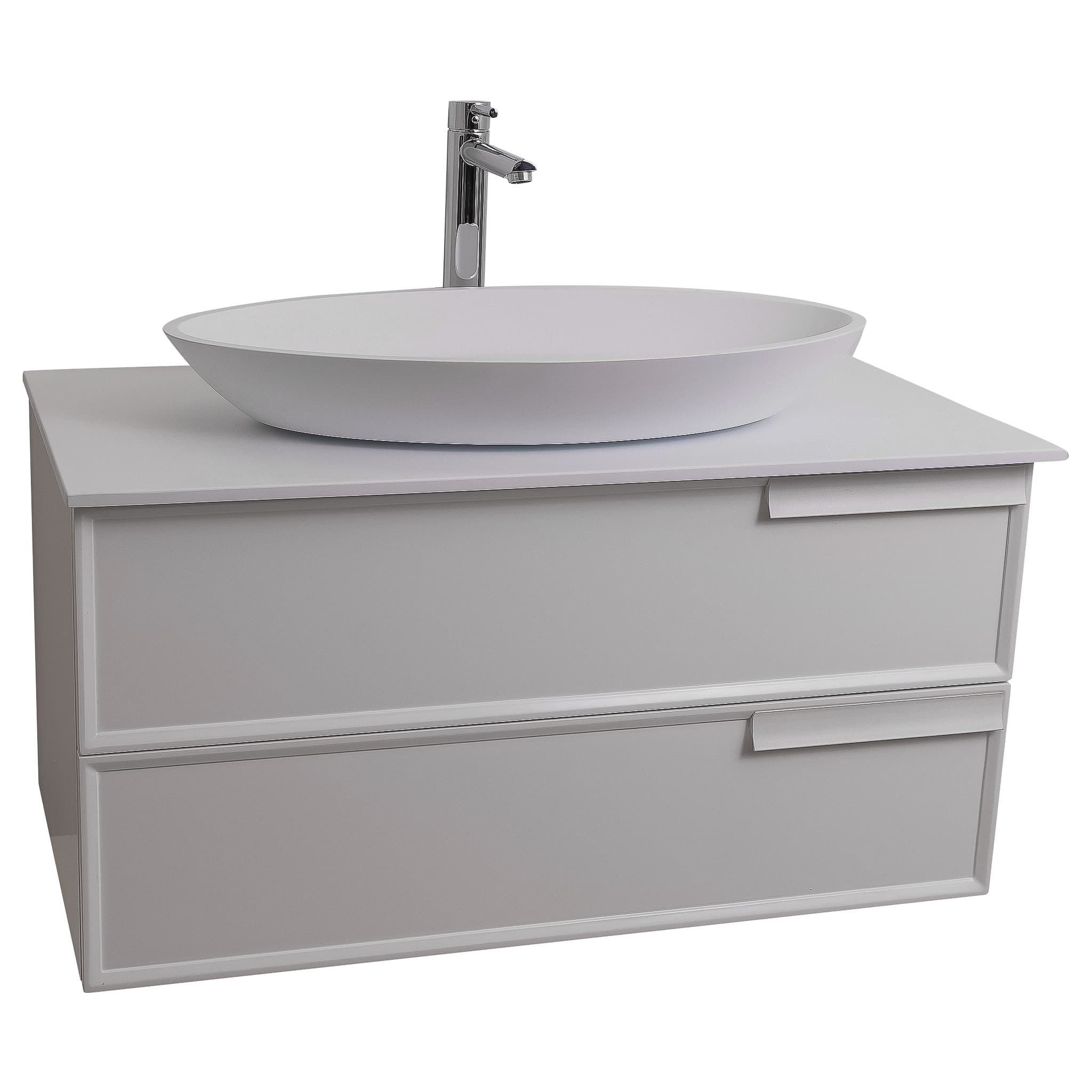 Garda 39.5 Matte White Cabinet, Solid Surface Flat White Counter and Oval Solid Surface White Basin 1305, Wall Mounted Modern Vanity Set