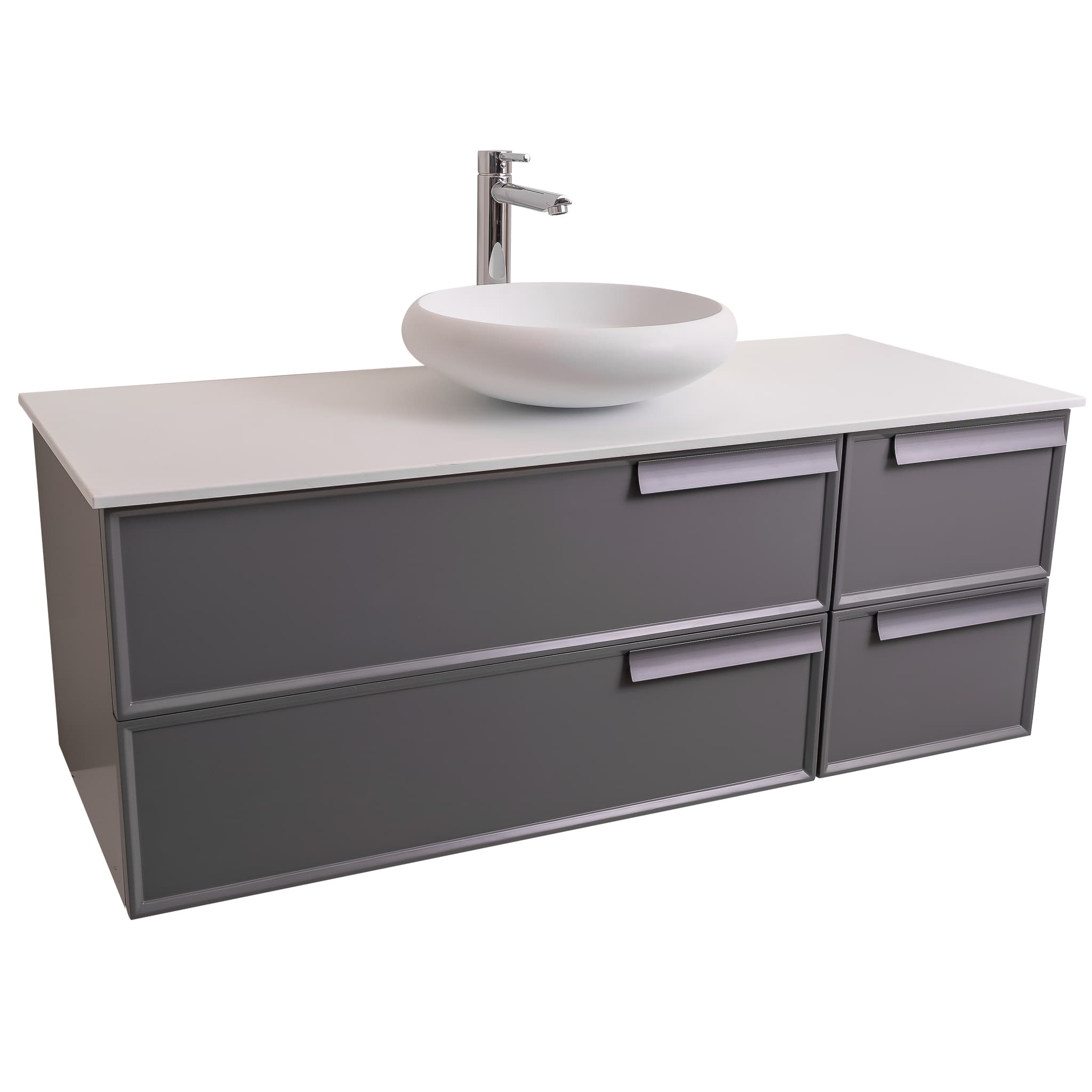 Garda 47.5 Matte Grey Cabinet, Solid Surface Flat White Counter and Round Solid Surface White Basin 1153, Wall Mounted Modern Vanity Set