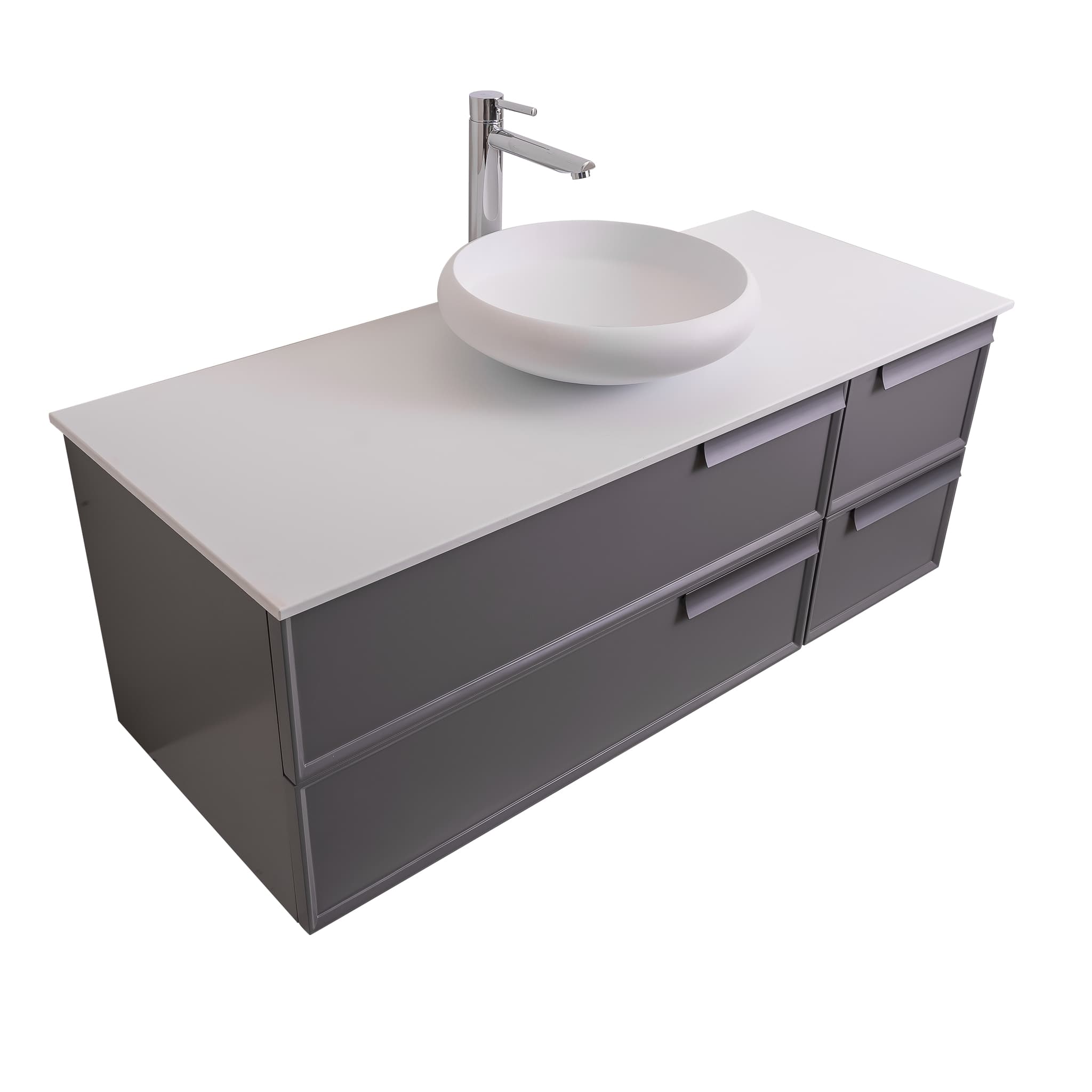 Garda 47.5 Matte Grey Cabinet, Solid Surface Flat White Counter and Round Solid Surface White Basin 1153, Wall Mounted Modern Vanity Set