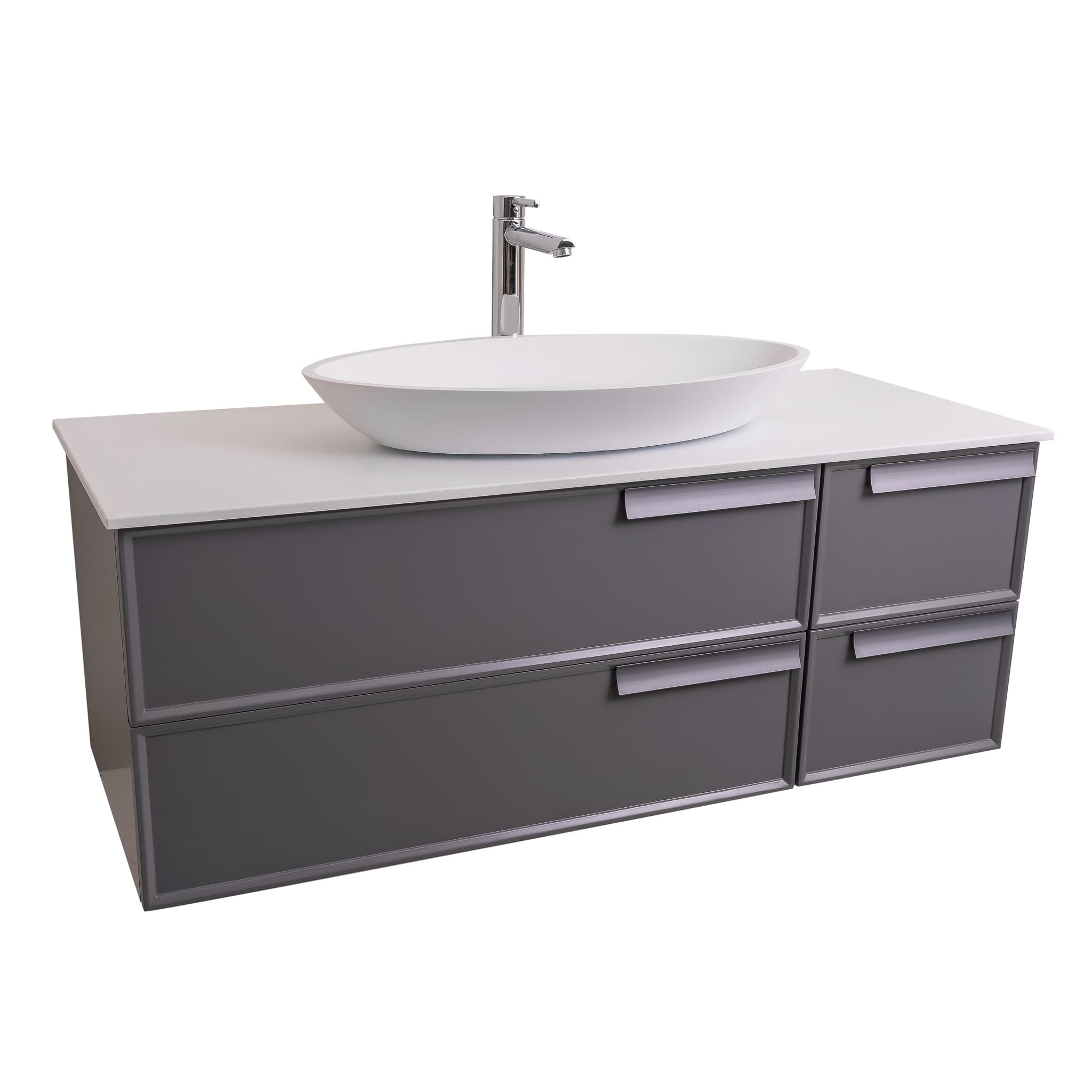 Garda 47.5 Matte Grey Cabinet, Solid Surface Flat White Counter and Oval Solid Surface White Basin 1305, Wall Mounted Modern Vanity Set