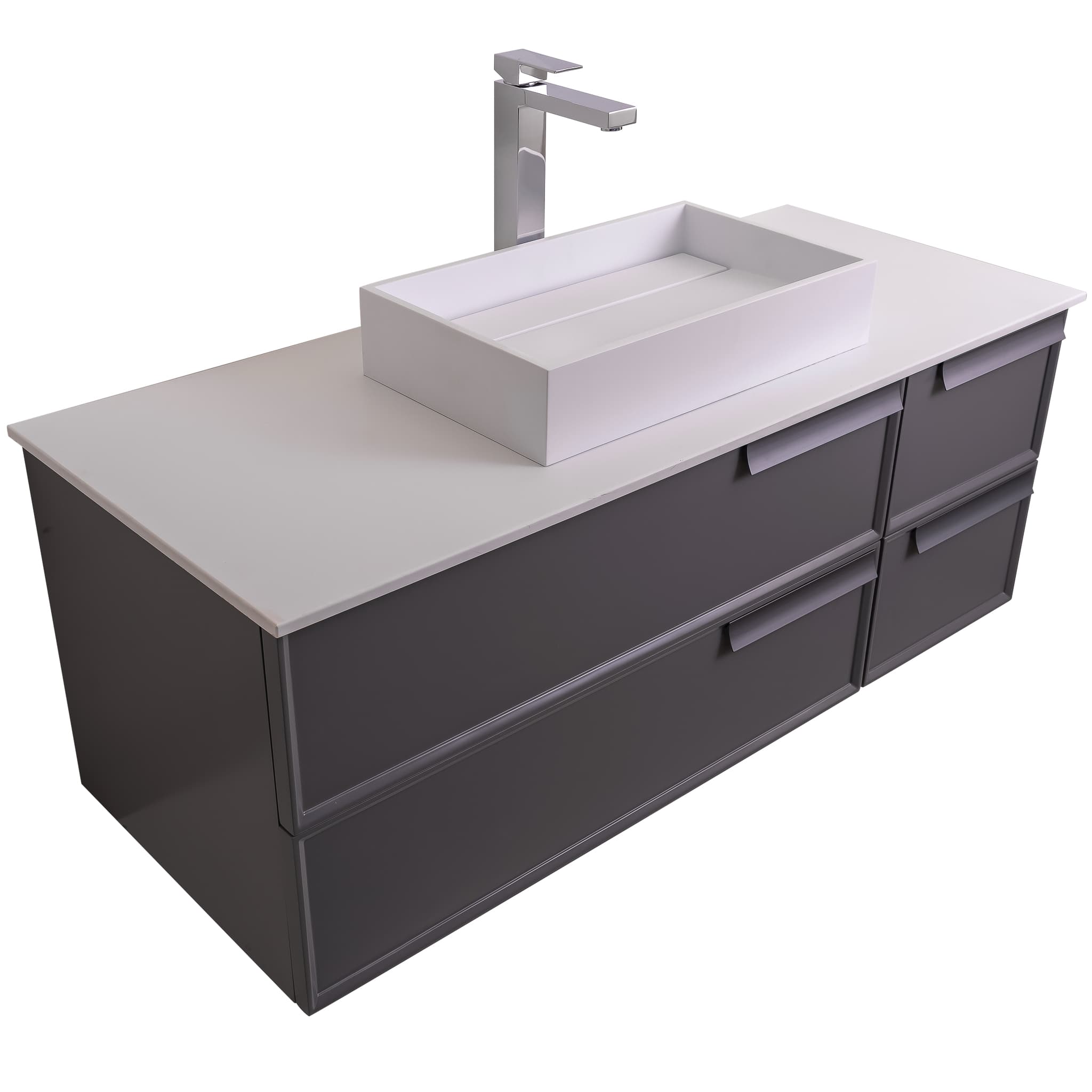 Garda 47.5 Matte Grey Cabinet, Solid Surface Flat White Counter and Infinity Square Solid Surface White Basin 1329, Wall Mounted Modern Vanity Set