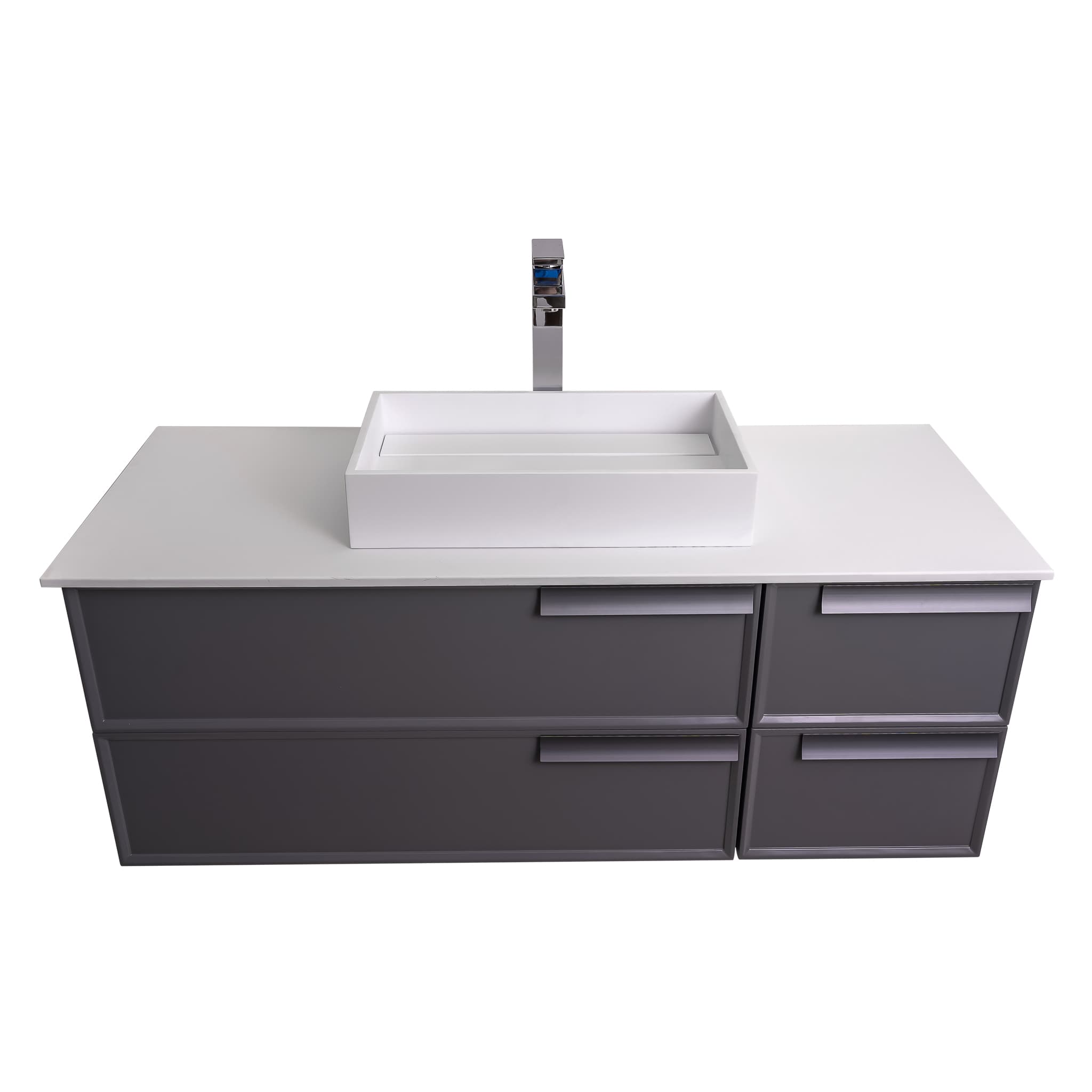 Garda 47.5 Matte Grey Cabinet, Solid Surface Flat White Counter and Infinity Square Solid Surface White Basin 1329, Wall Mounted Modern Vanity Set