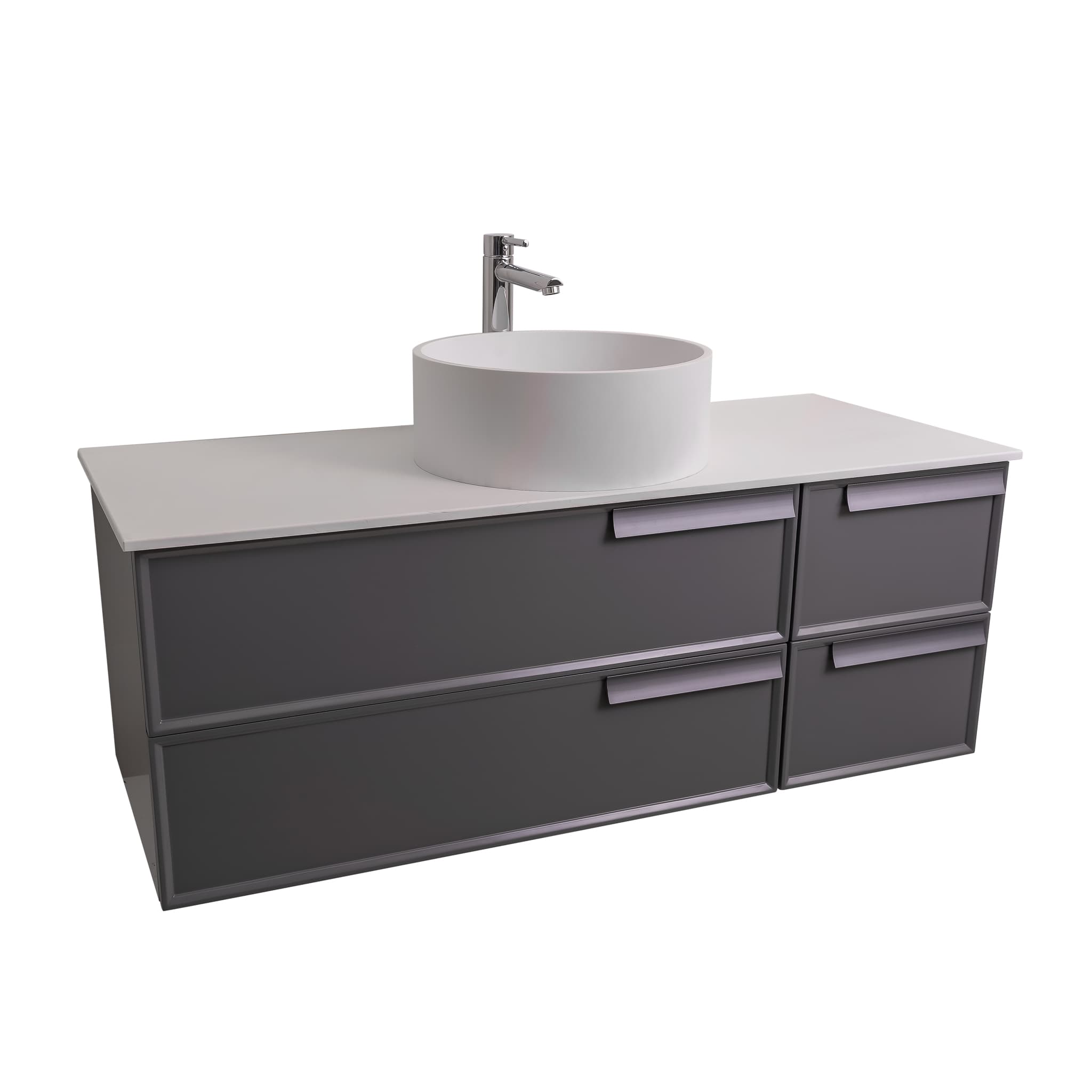 Garda 47.5 Matte Grey Cabinet, Solid Surface Flat White Counter and Round Solid Surface White Basin 1386, Wall Mounted Modern Vanity Set