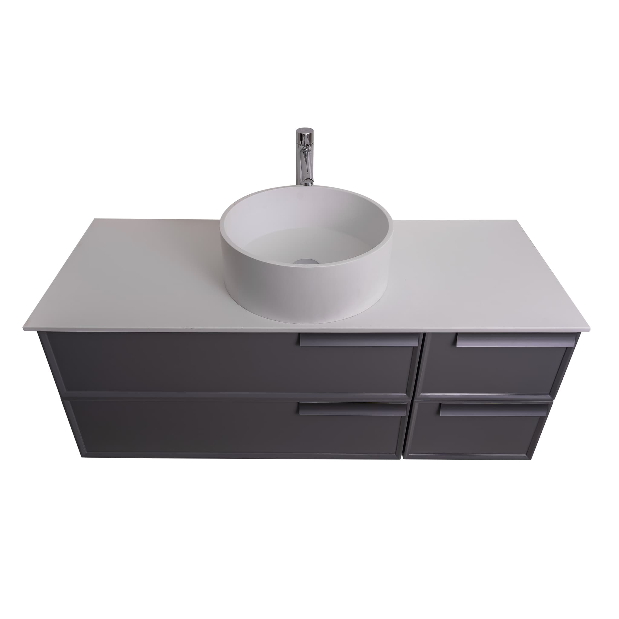 Garda 47.5 Matte Grey Cabinet, Solid Surface Flat White Counter and Round Solid Surface White Basin 1386, Wall Mounted Modern Vanity Set
