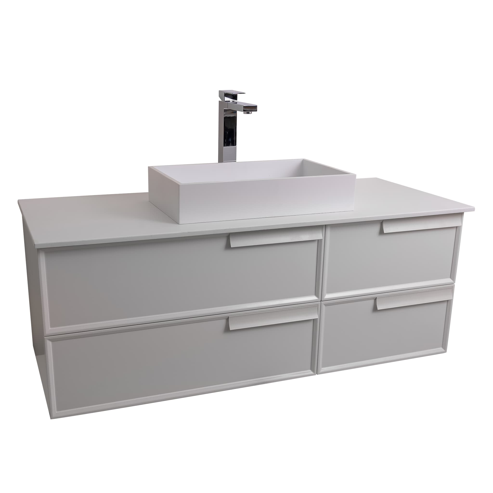 Garda 47.5 Matte White Cabinet, Solid Surface Flat White Counter and Infinity Square Solid Surface White Basin 1329, Wall Mounted Modern Vanity Set