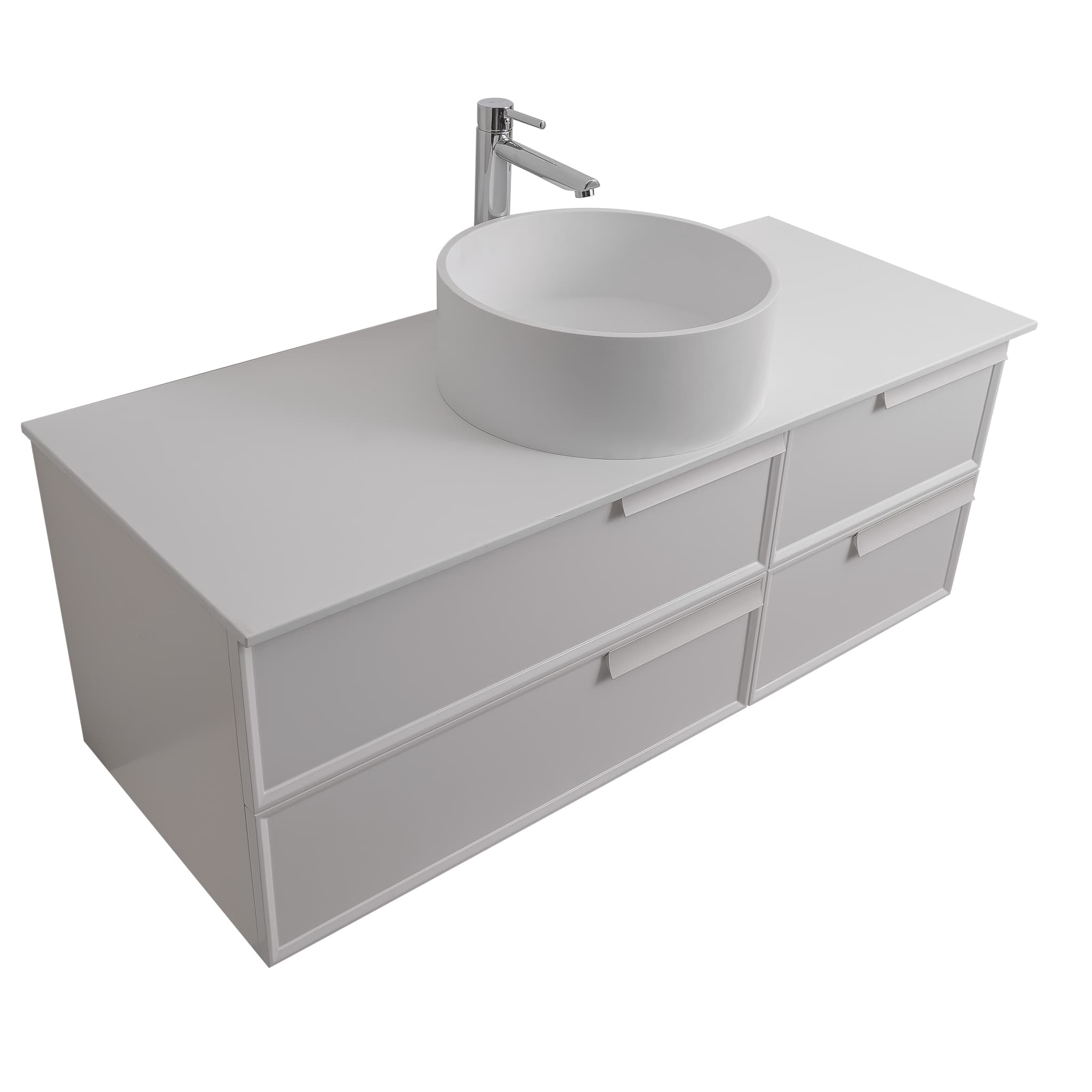 Garda 47.5 Matte White Cabinet, Solid Surface Flat White Counter and Round Solid Surface White Basin 1386, Wall Mounted Modern Vanity Set