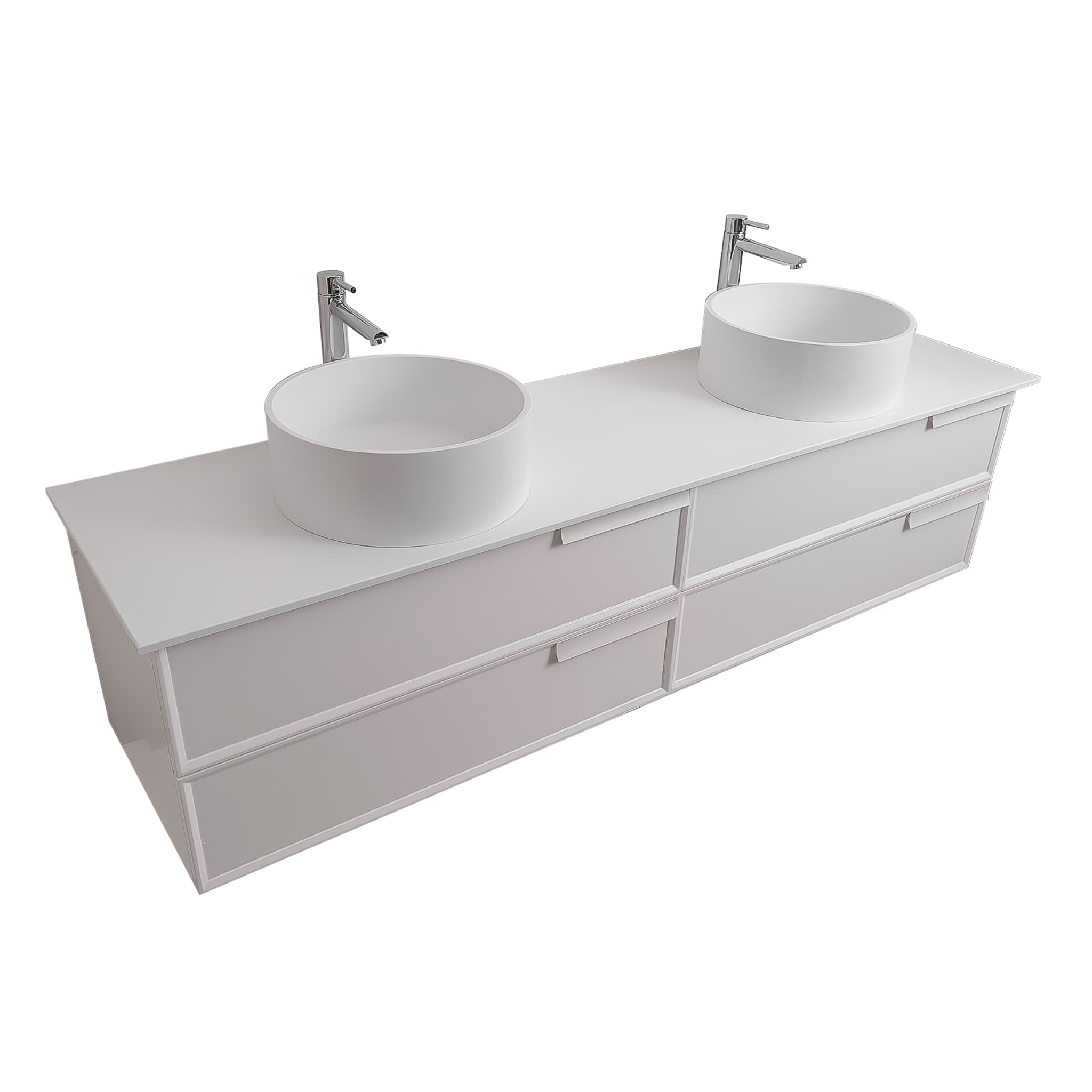 Garda 63 Matte White Cabinet, Solid Surface Flat White Counter and Two Round Solid Surface White Basin 1386, Wall Mounted Modern Vanity Set