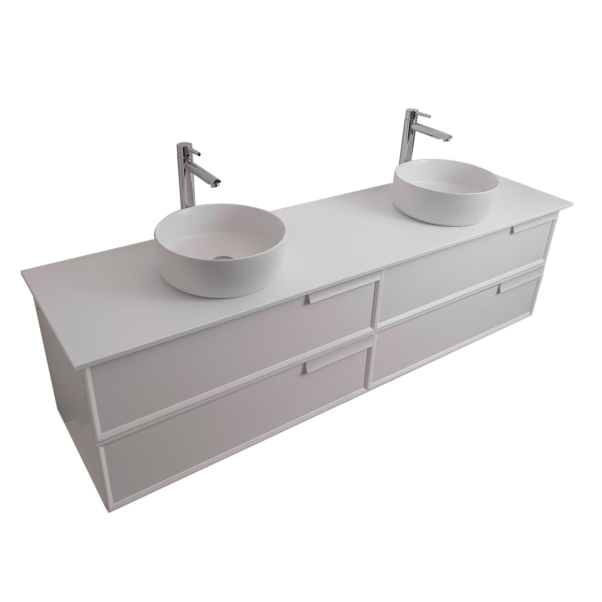 Garda 63 Matte White Cabinet, Ares White Top and Two Ares White Ceramic Basin, Wall Mounted Modern Vanity Set