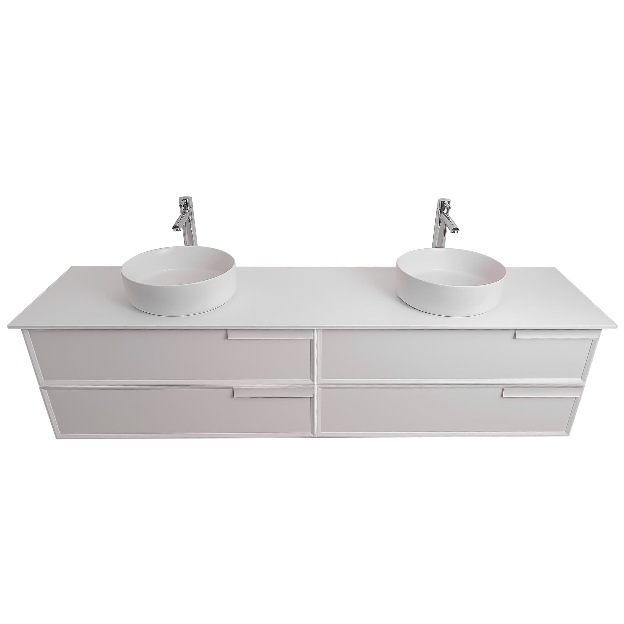 Garda 63 Matte White Cabinet, Ares White Top and Two Ares White Ceramic Basin, Wall Mounted Modern Vanity Set