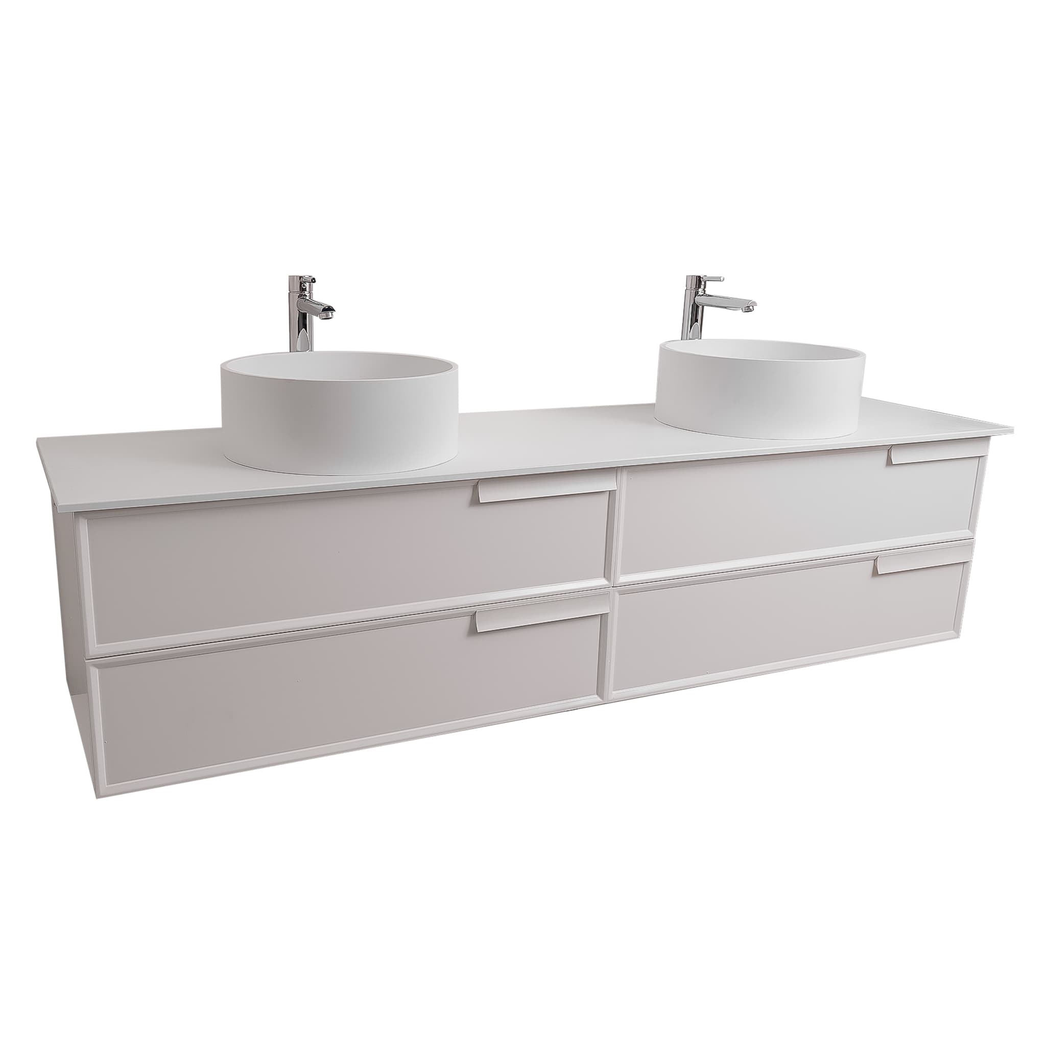 Garda 72 Matte White Cabinet, Solid Surface Flat White Counter and Two Round Solid Surface White Basin 1386, Wall Mounted Modern Vanity Set