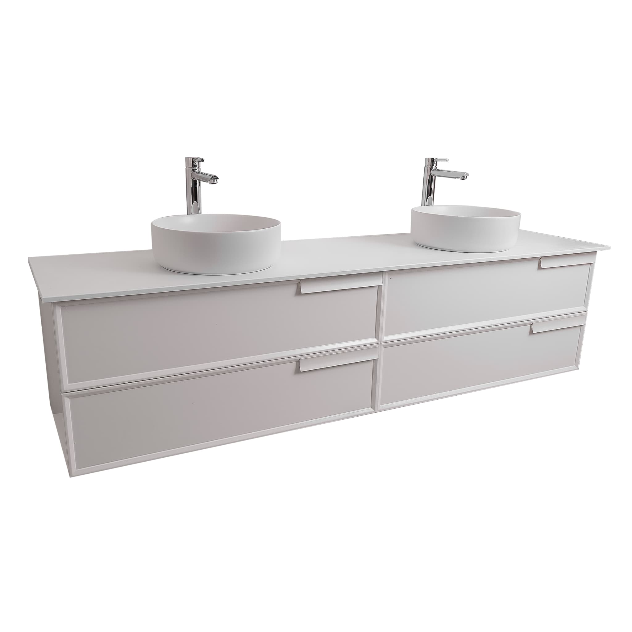 Garda 72 Matte White Cabinet, Ares White Top and Two Ares White Ceramic Basin, Wall Mounted Modern Vanity Set