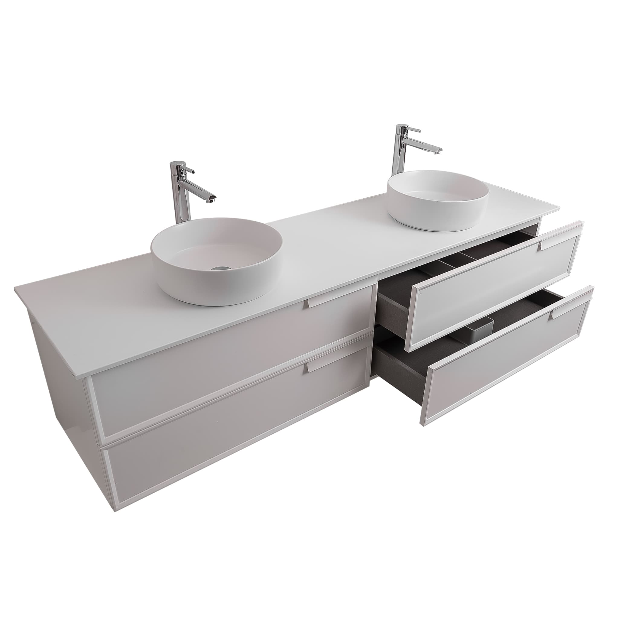 Garda 72 Matte White Cabinet, Ares White Top and Two Ares White Ceramic Basin, Wall Mounted Modern Vanity Set