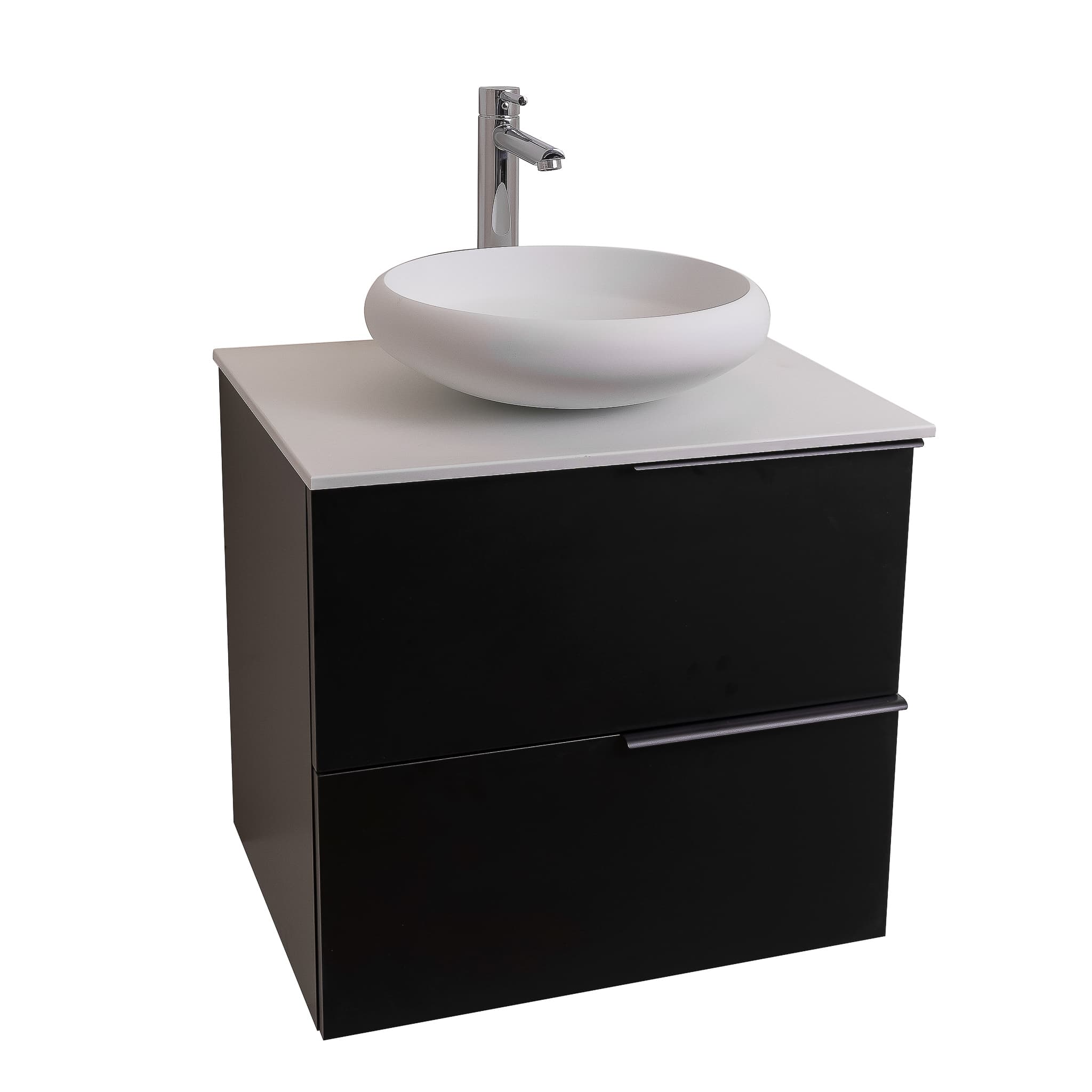 Mallorca 23.5 Matte Black Cabinet, Solid Surface Flat White Counter And Round Solid Surface White Basin 1153, Wall Mounted Modern Vanity Set