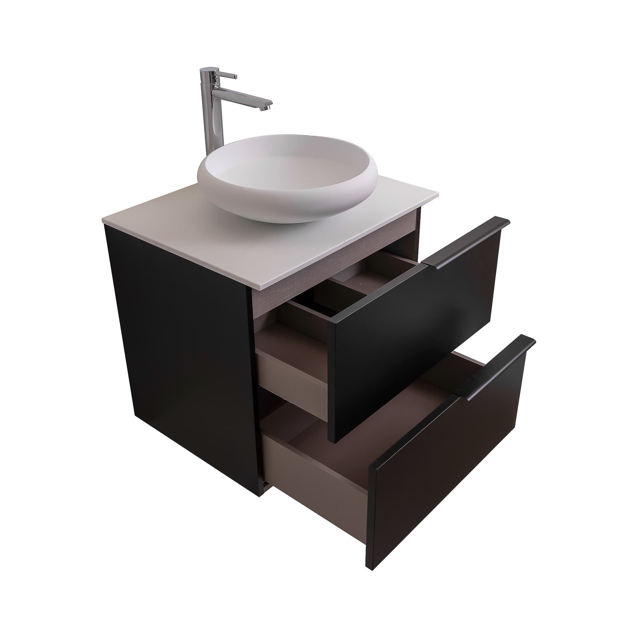 Mallorca 23.5 Matte Black Cabinet, Solid Surface Flat White Counter And Round Solid Surface White Basin 1153, Wall Mounted Modern Vanity Set