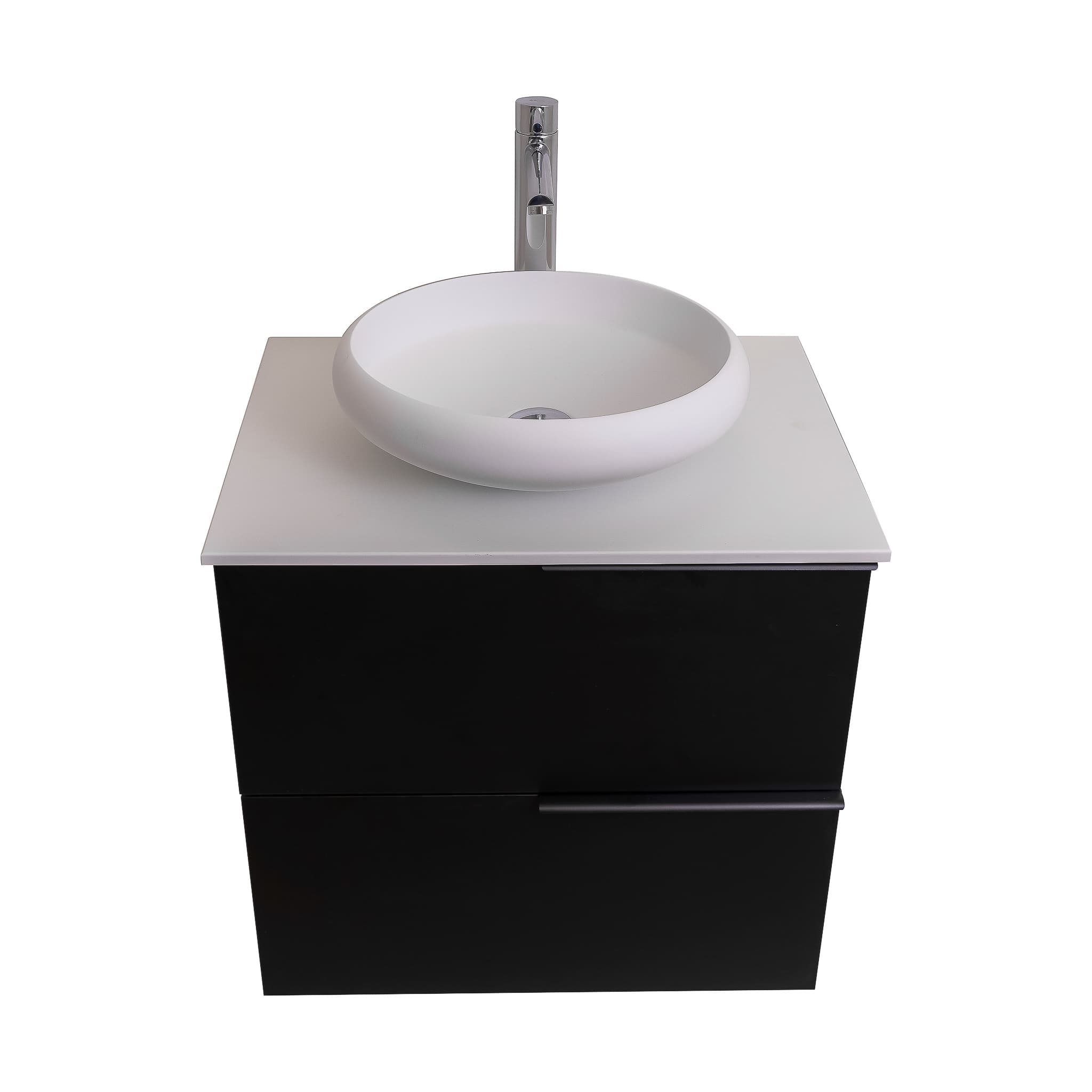 Mallorca 23.5 Matte Black Cabinet, Solid Surface Flat White Counter And Round Solid Surface White Basin 1153, Wall Mounted Modern Vanity Set