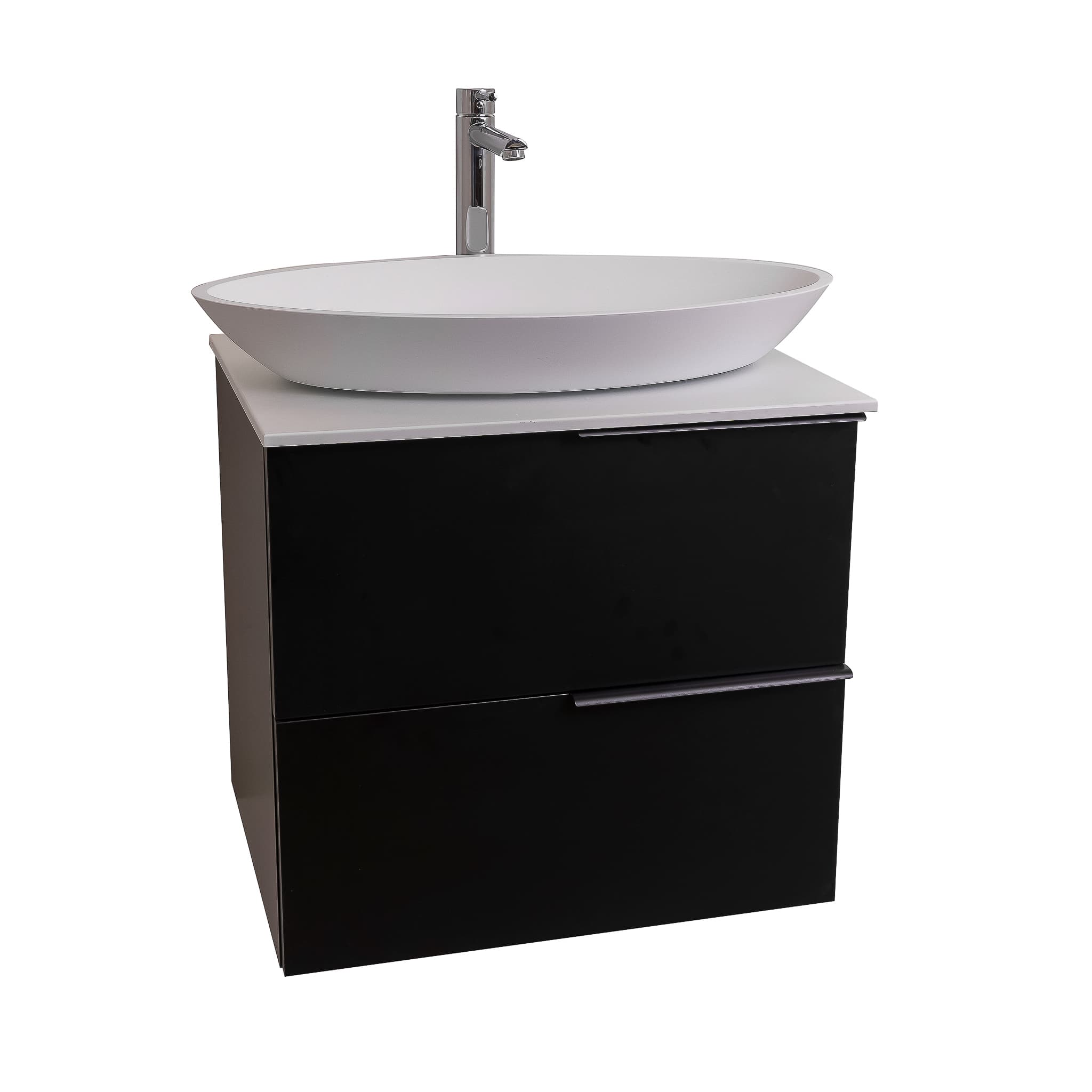 Mallorca 23.5 Matte Black Cabinet, Solid Surface Flat White Counter And Oval Solid Surface White Basin 1305, Wall Mounted Modern Vanity Set