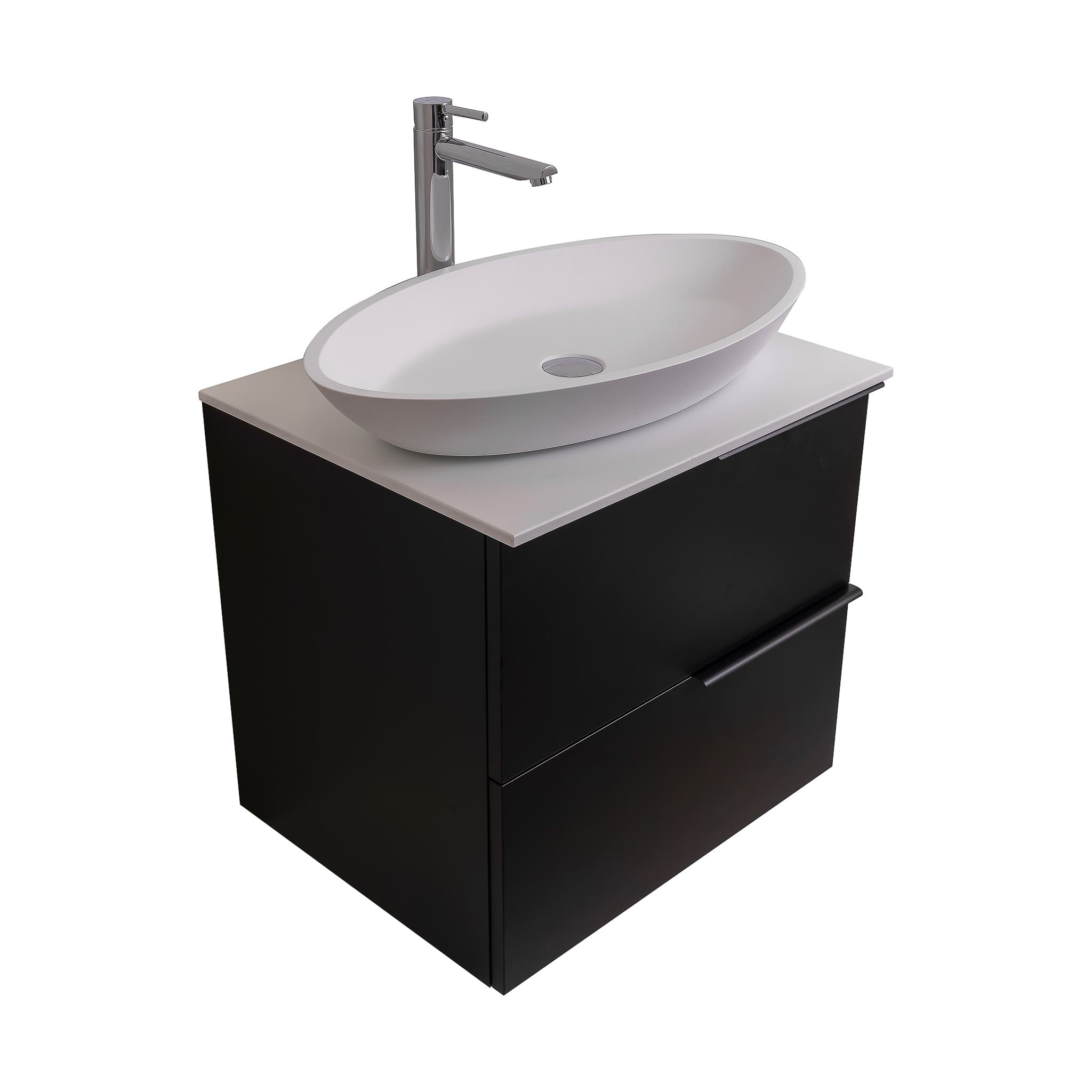 Mallorca 23.5 Matte Black Cabinet, Solid Surface Flat White Counter And Oval Solid Surface White Basin 1305, Wall Mounted Modern Vanity Set