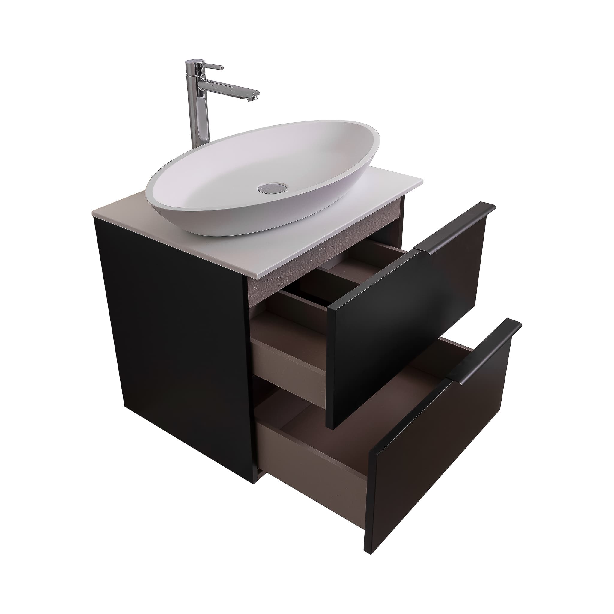 Mallorca 23.5 Matte Black Cabinet, Solid Surface Flat White Counter And Oval Solid Surface White Basin 1305, Wall Mounted Modern Vanity Set