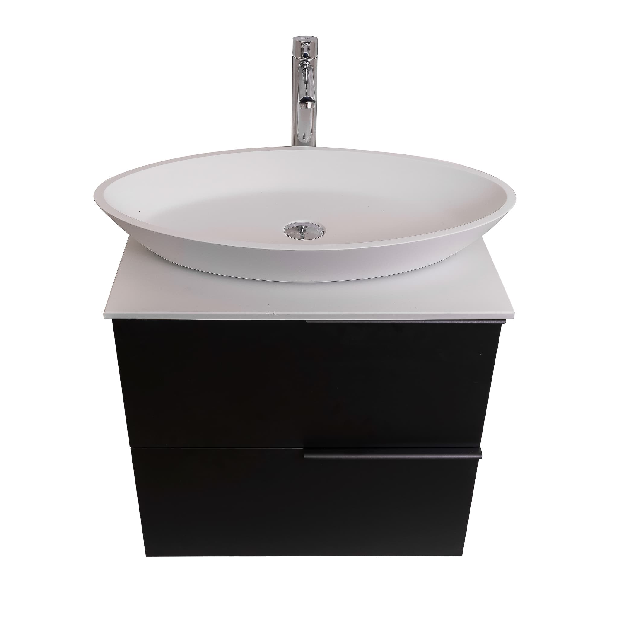 Mallorca 23.5 Matte Black Cabinet, Solid Surface Flat White Counter And Oval Solid Surface White Basin 1305, Wall Mounted Modern Vanity Set