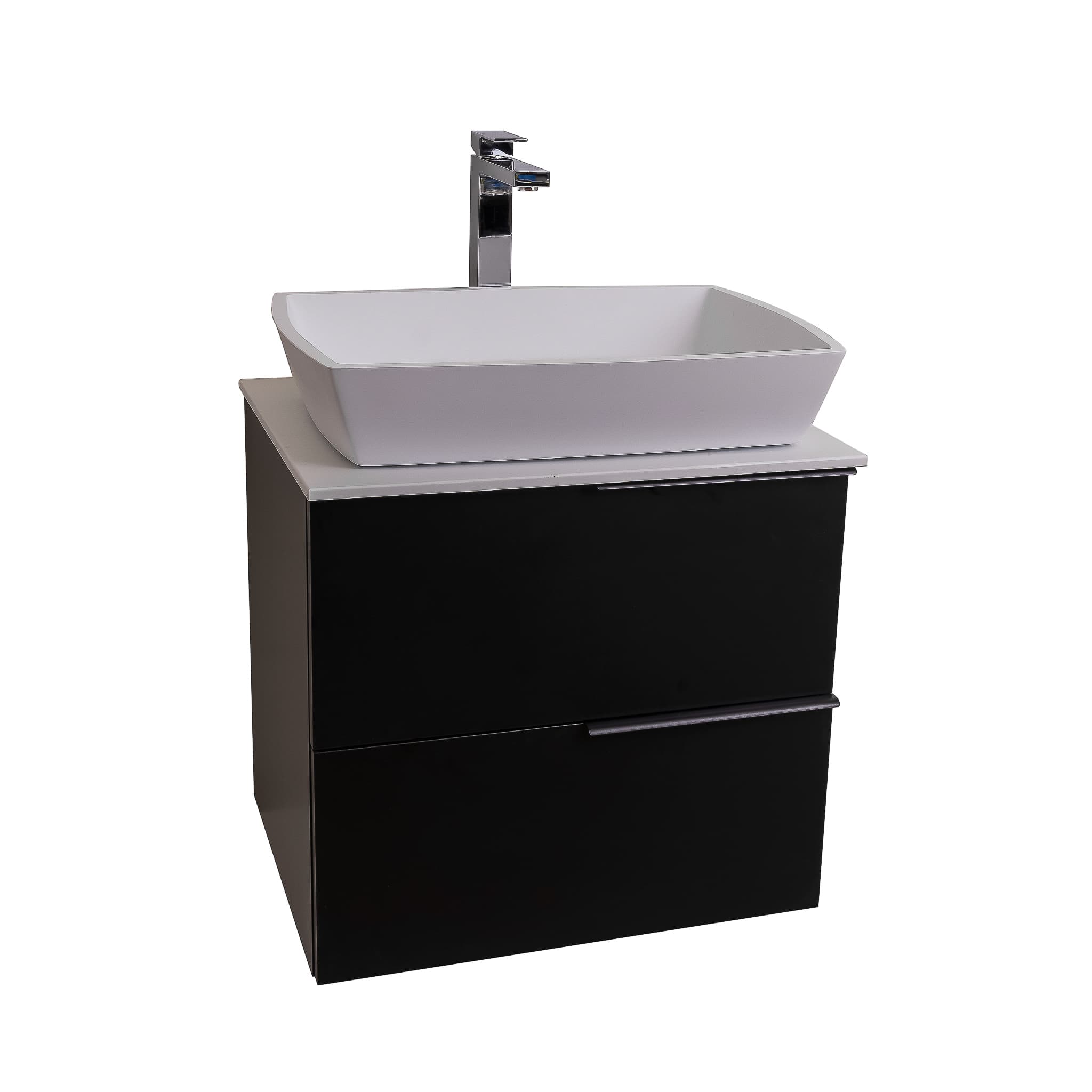 Mallorca 23.5 Matte Black Cabinet, Solid Surface Flat White Counter And Square Solid Surface White Basin 1316, Wall Mounted Modern Vanity Set