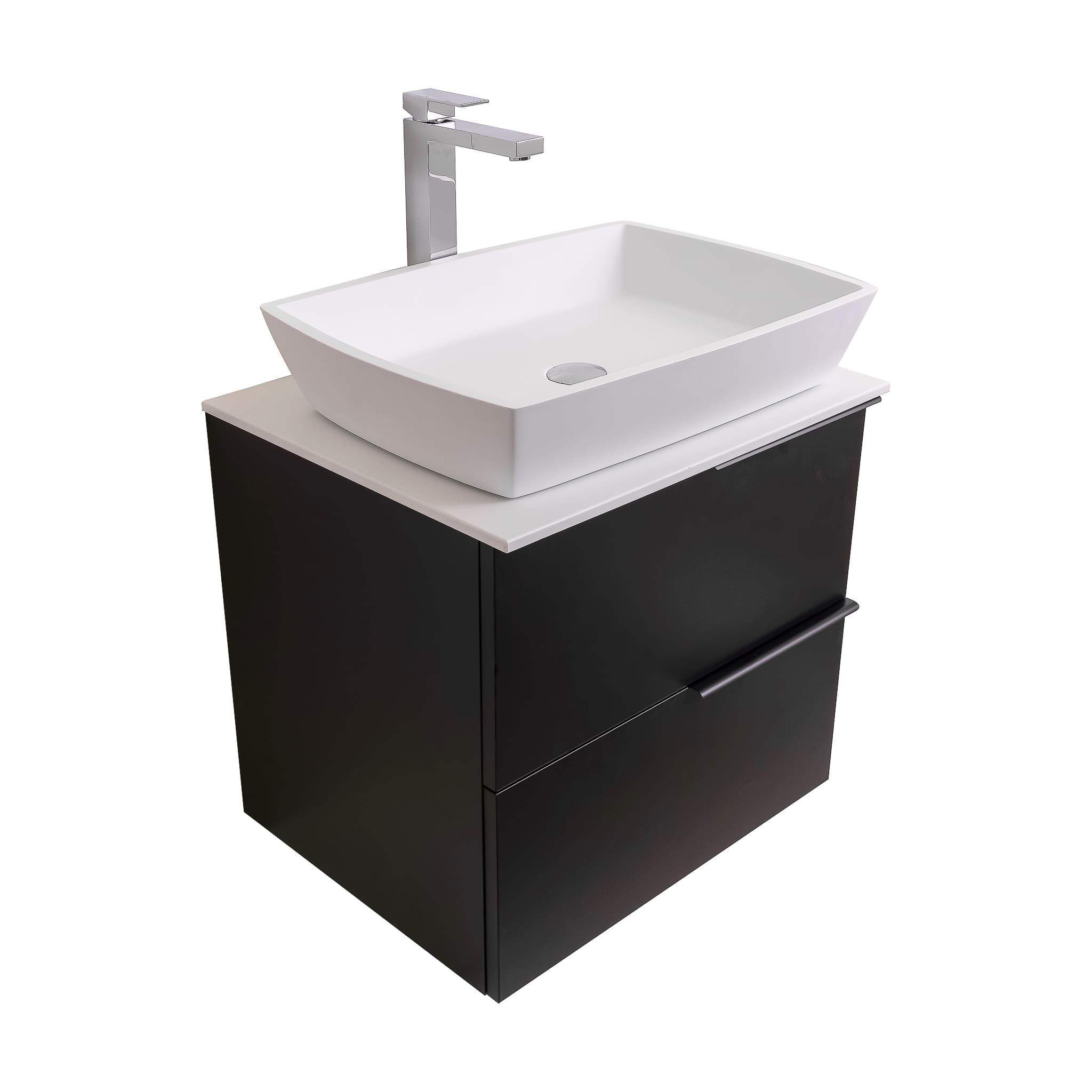 Mallorca 23.5 Matte Black Cabinet, Solid Surface Flat White Counter And Square Solid Surface White Basin 1316, Wall Mounted Modern Vanity Set