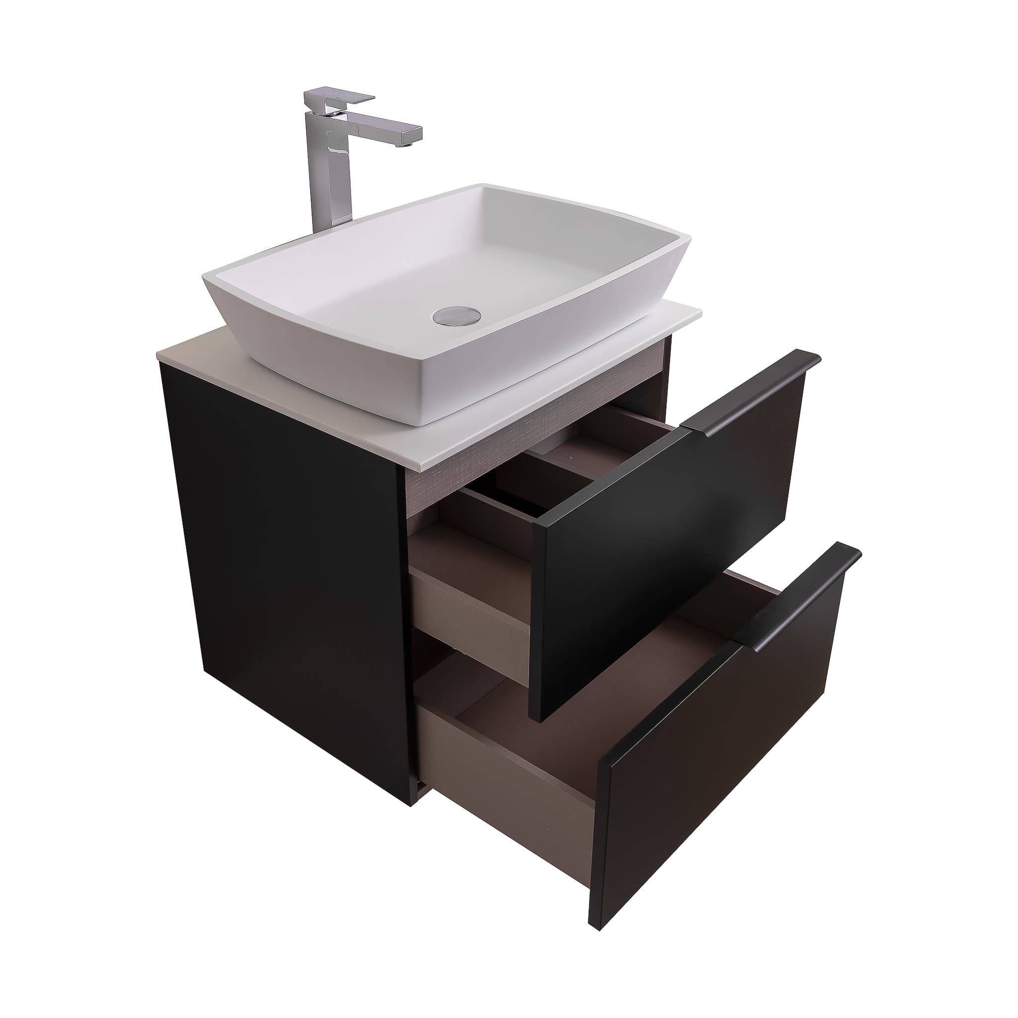 Mallorca 23.5 Matte Black Cabinet, Solid Surface Flat White Counter And Square Solid Surface White Basin 1316, Wall Mounted Modern Vanity Set