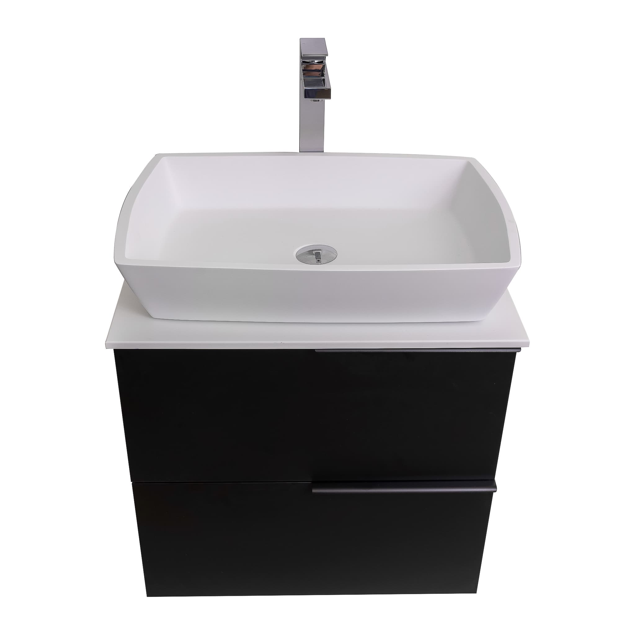 Mallorca 23.5 Matte Black Cabinet, Solid Surface Flat White Counter And Square Solid Surface White Basin 1316, Wall Mounted Modern Vanity Set