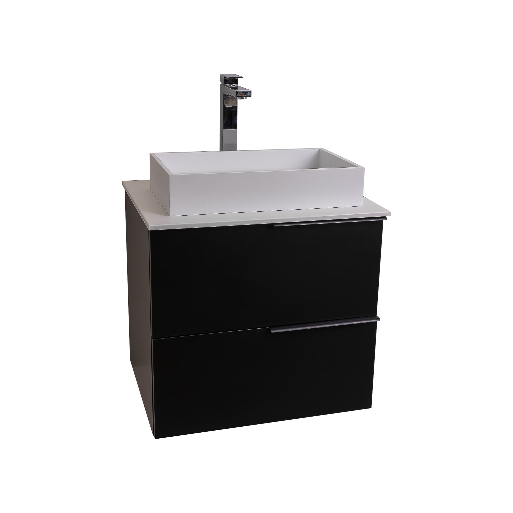 Mallorca 23.5 Matte Black Cabinet, Solid Surface Flat White Counter And Infinity Square Solid Surface White Basin 1329, Wall Mounted Modern Vanity Set