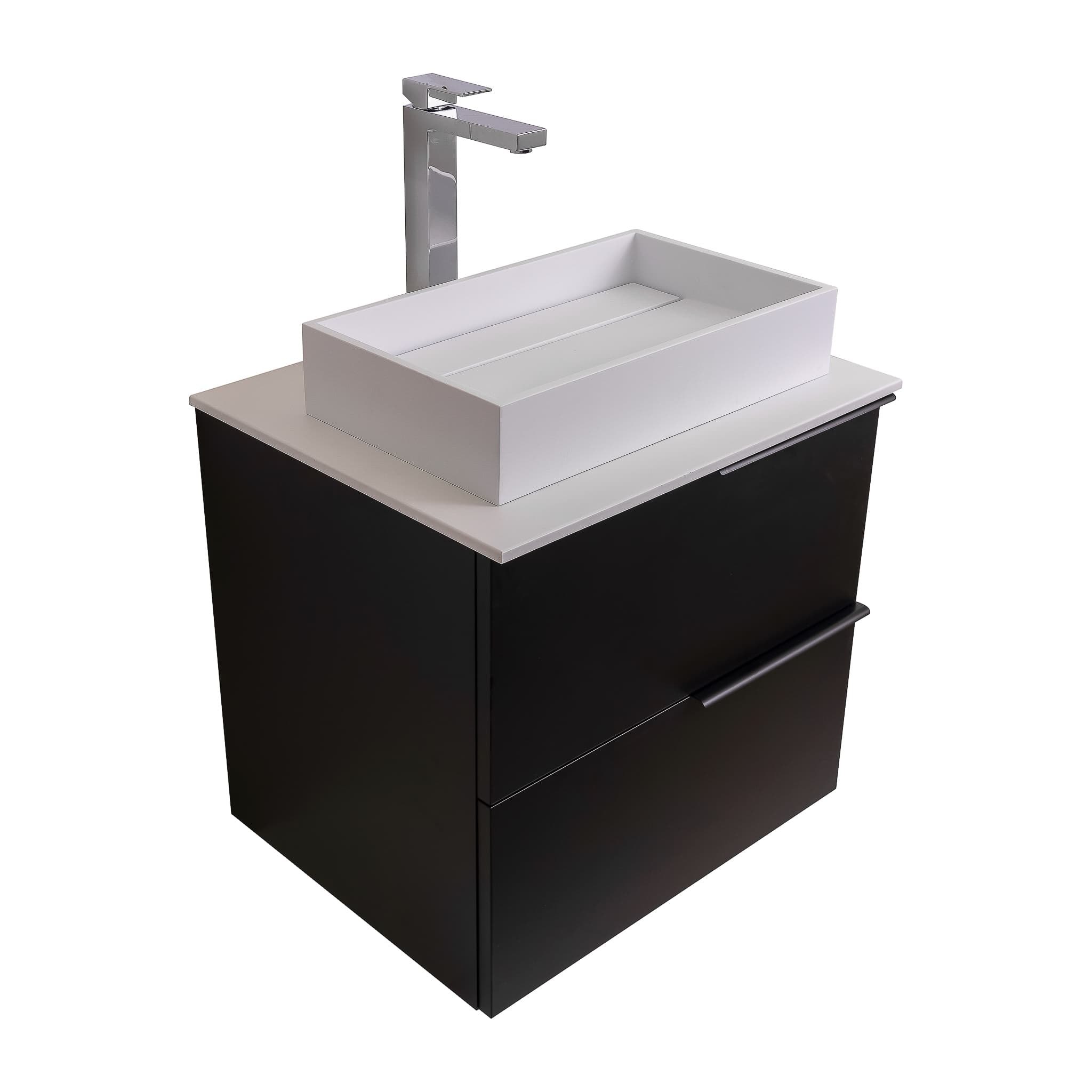 Mallorca 23.5 Matte Black Cabinet, Solid Surface Flat White Counter And Infinity Square Solid Surface White Basin 1329, Wall Mounted Modern Vanity Set