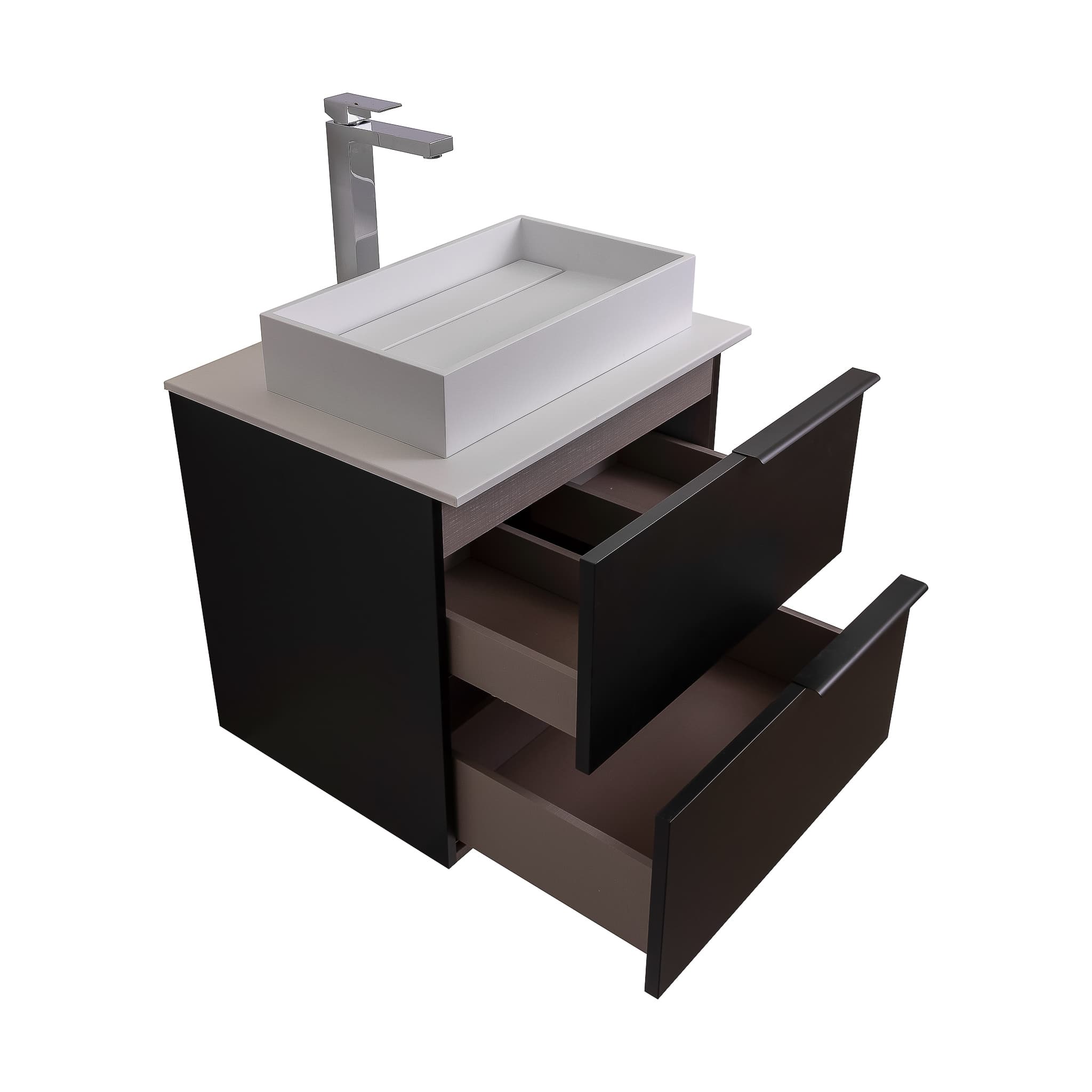 Mallorca 23.5 Matte Black Cabinet, Solid Surface Flat White Counter And Infinity Square Solid Surface White Basin 1329, Wall Mounted Modern Vanity Set