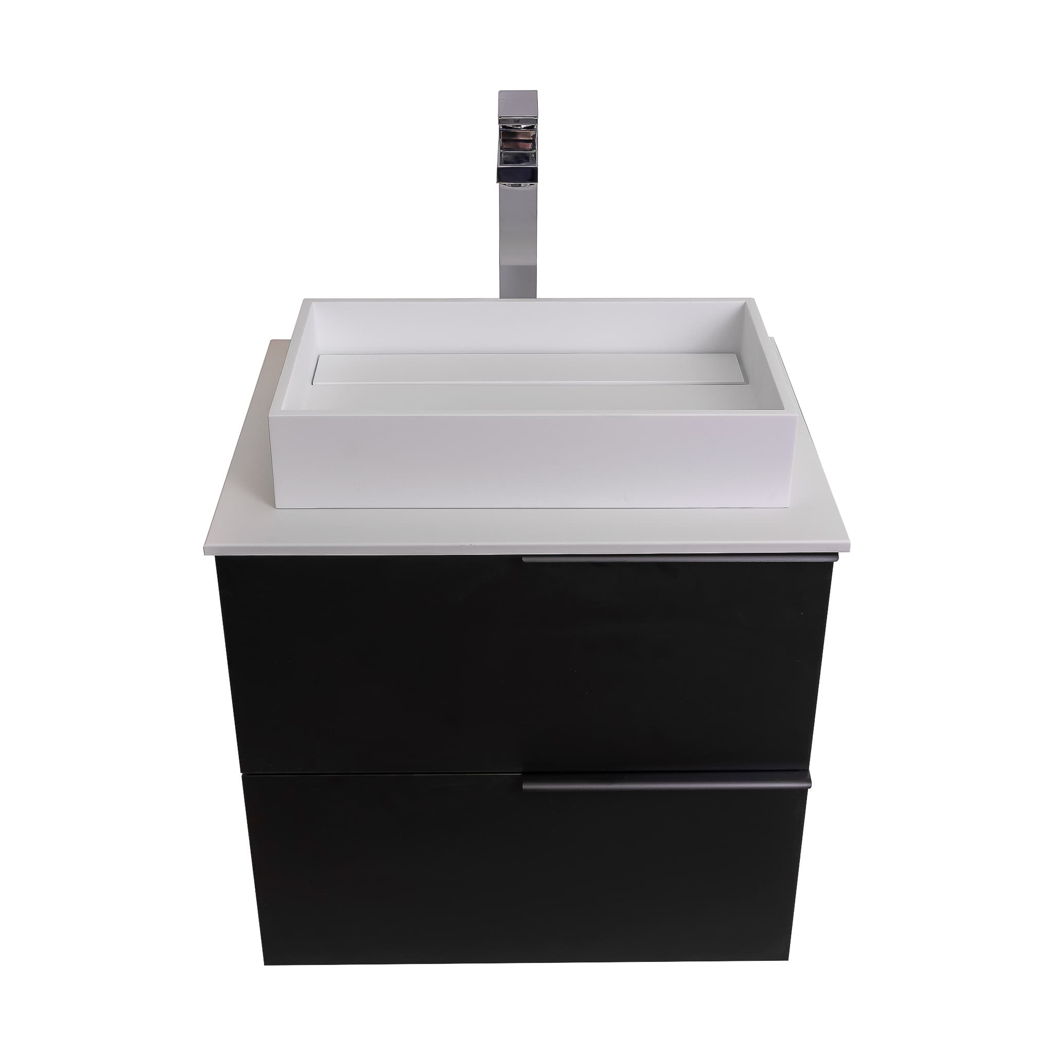 Mallorca 23.5 Matte Black Cabinet, Solid Surface Flat White Counter And Infinity Square Solid Surface White Basin 1329, Wall Mounted Modern Vanity Set