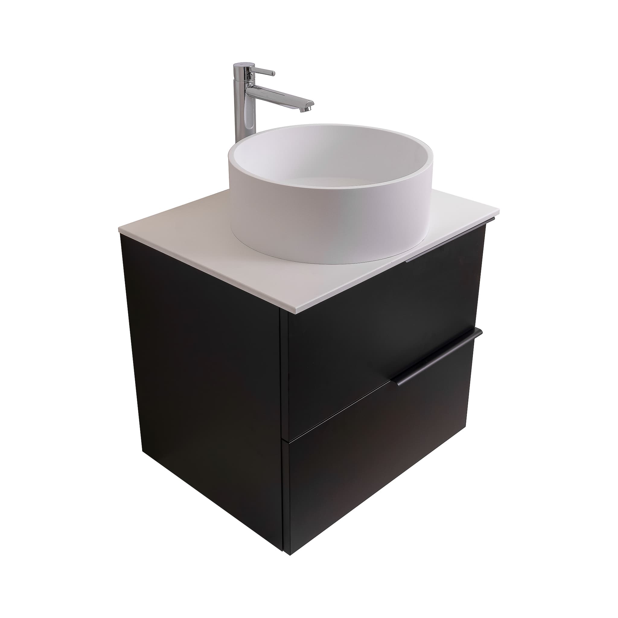 Mallorca 23.5 Matte Black Cabinet, Solid Surface Flat White Counter And Round Solid Surface White Basin 1386, Wall Mounted Modern Vanity Set