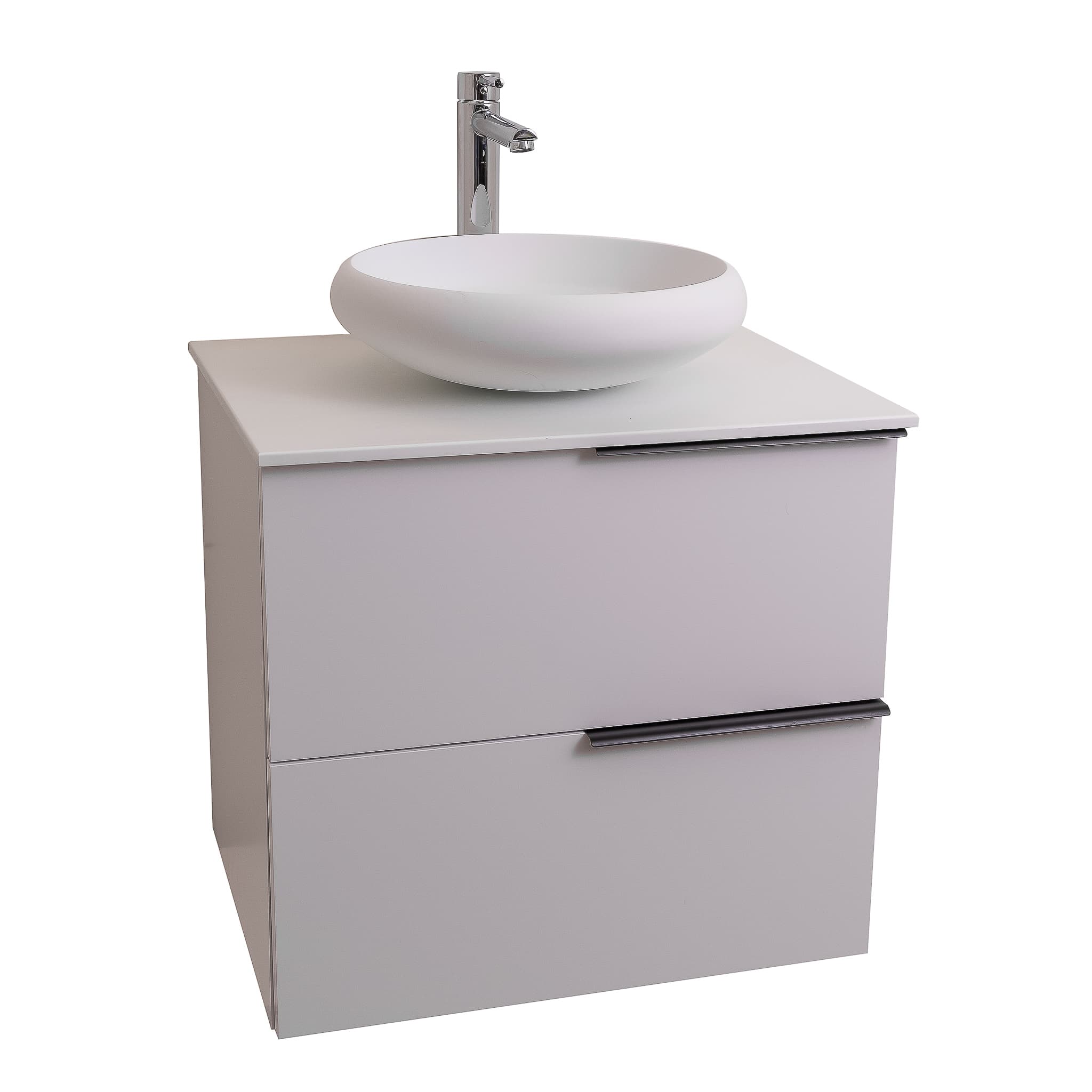 Mallorca 23.5 Matte White Cabinet, Solid Surface Flat White Counter And Round Solid Surface White Basin 1153, Wall Mounted Modern Vanity Set
