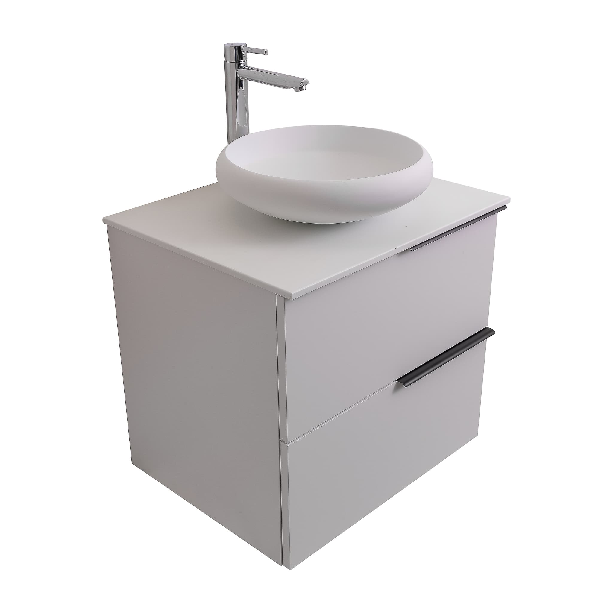 Mallorca 23.5 Matte White Cabinet, Solid Surface Flat White Counter And Round Solid Surface White Basin 1153, Wall Mounted Modern Vanity Set