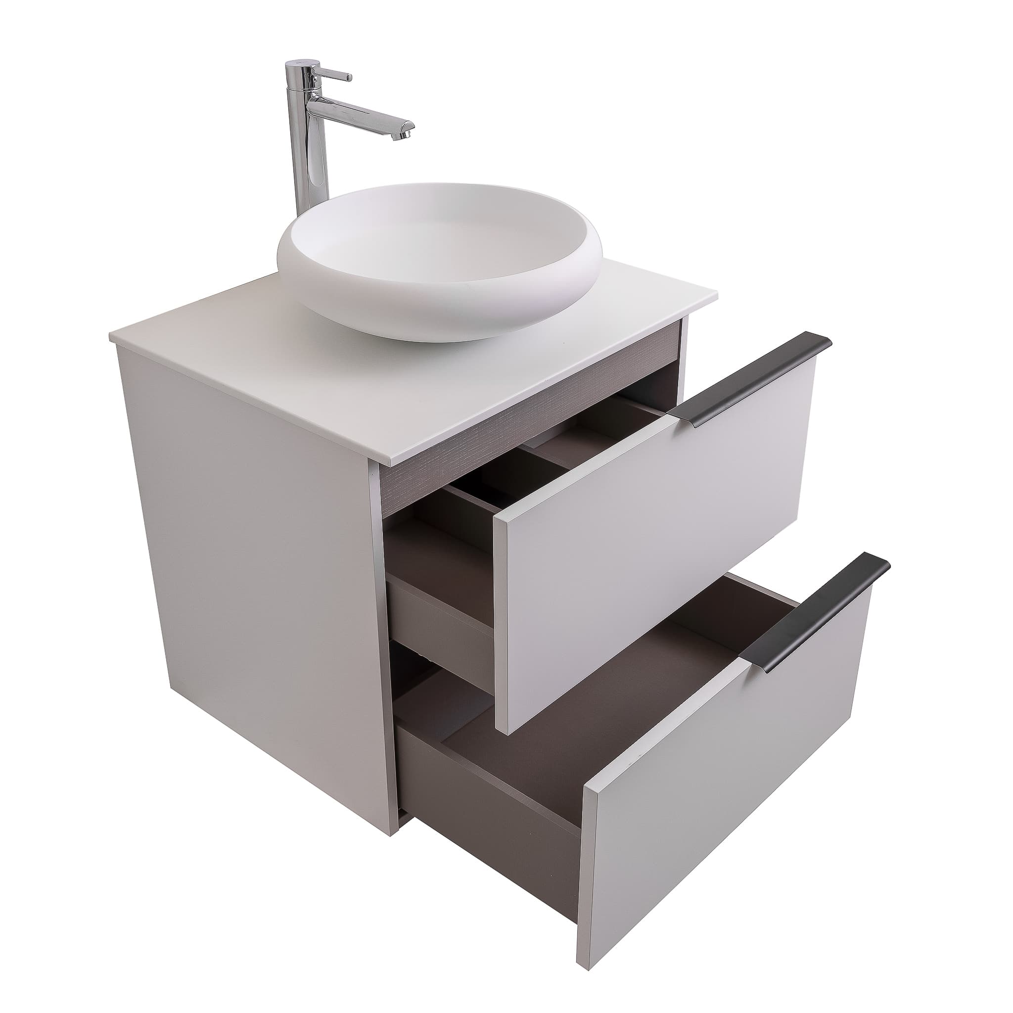 Mallorca 23.5 Matte White Cabinet, Solid Surface Flat White Counter And Round Solid Surface White Basin 1153, Wall Mounted Modern Vanity Set