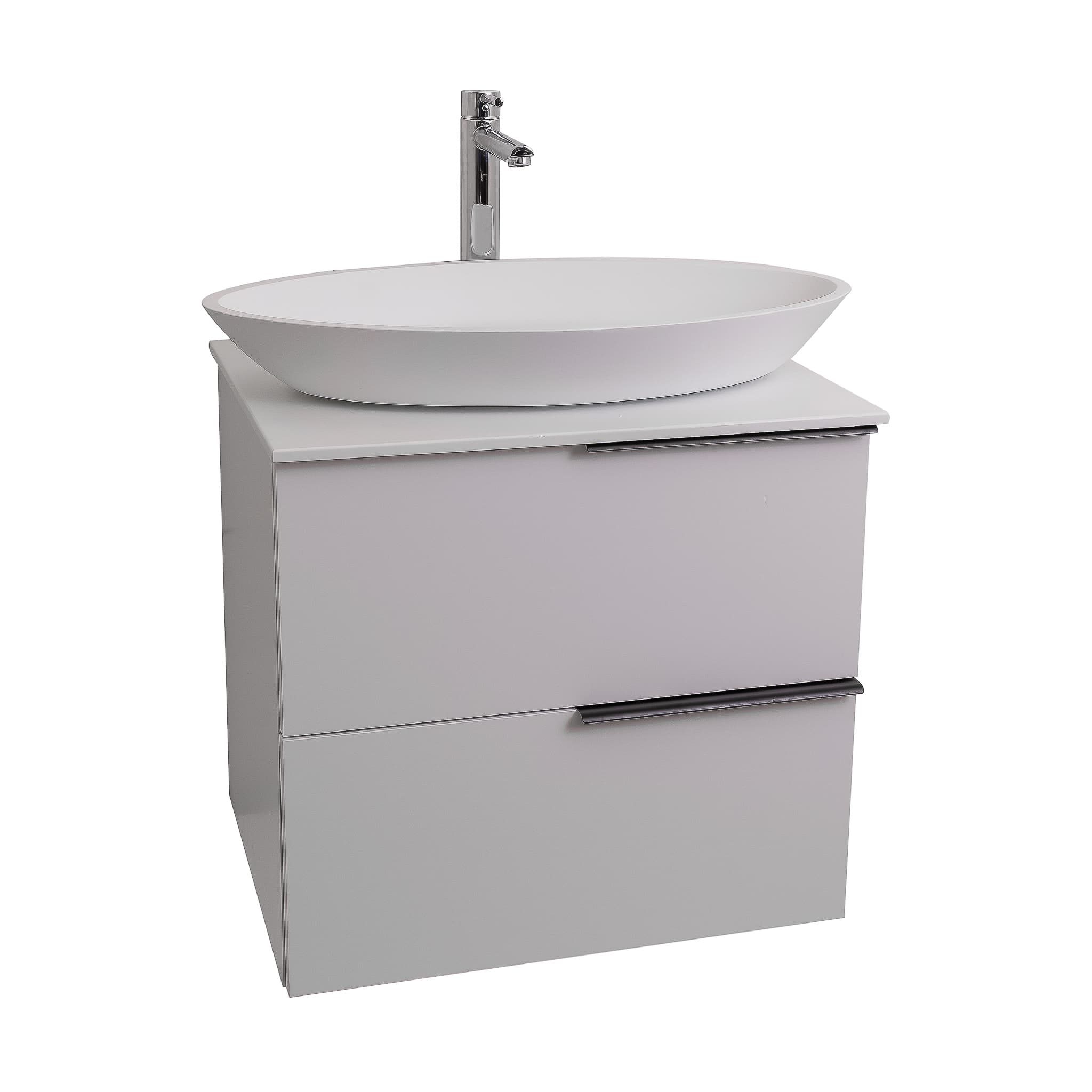 Mallorca 23.5 Matte White Cabinet, Solid Surface Flat White Counter And Oval Solid Surface White Basin 1305, Wall Mounted Modern Vanity Set