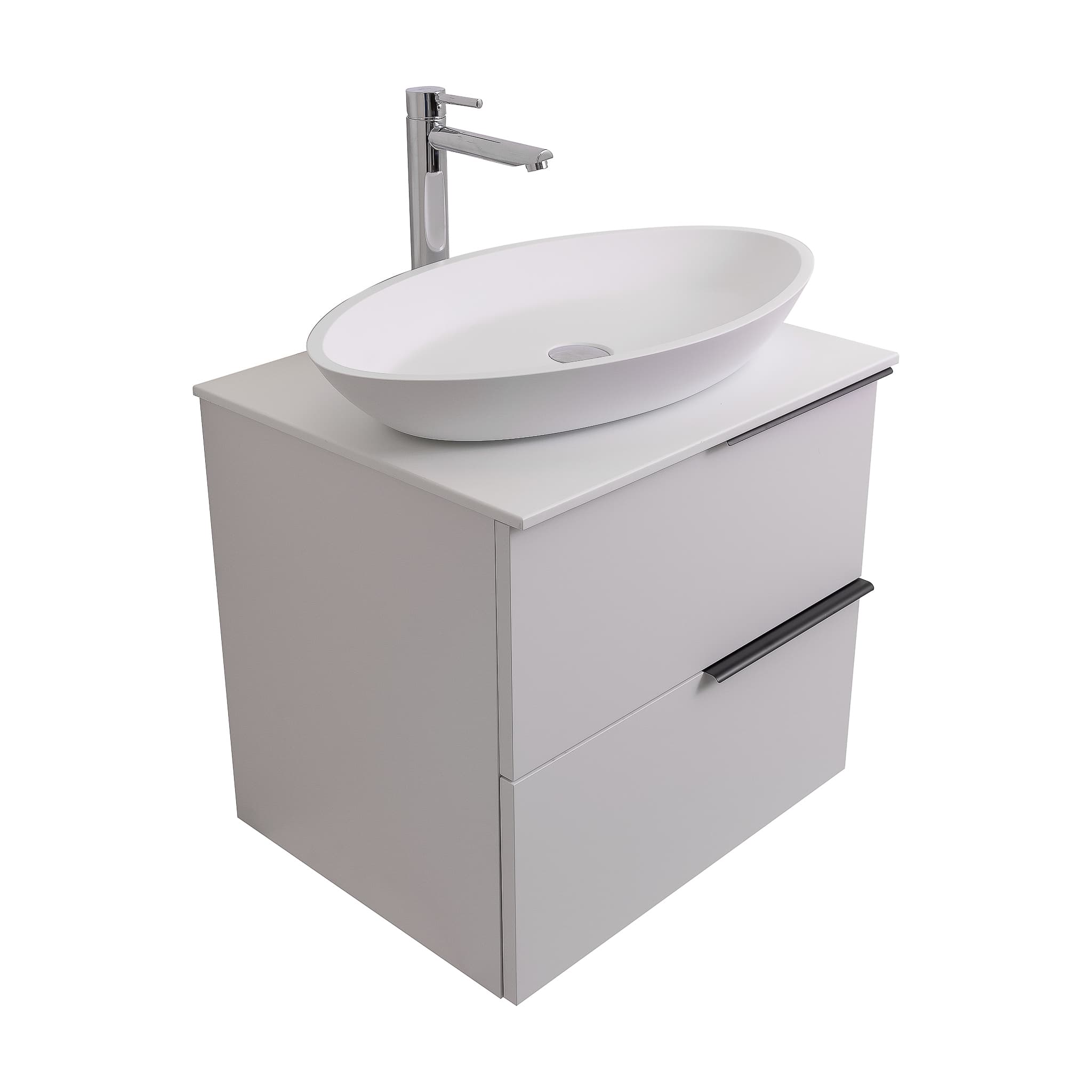 Mallorca 23.5 Matte White Cabinet, Solid Surface Flat White Counter And Oval Solid Surface White Basin 1305, Wall Mounted Modern Vanity Set