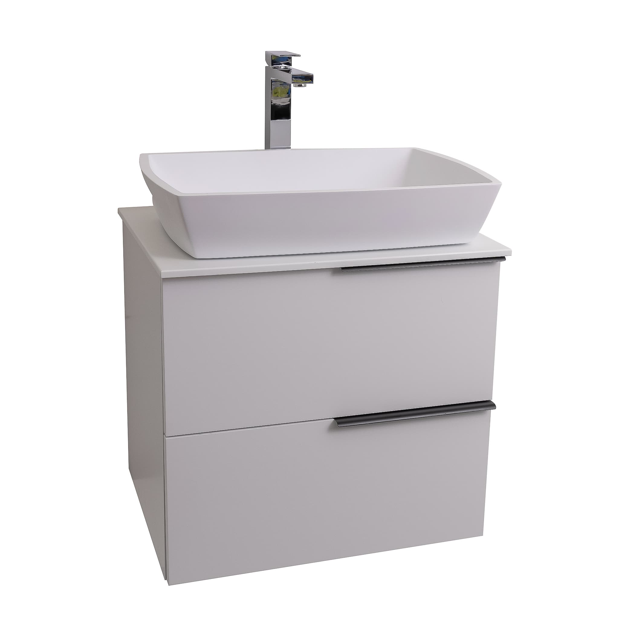 Mallorca 23.5 Matte White Cabinet, Solid Surface Flat White Counter And Square Solid Surface White Basin 1316, Wall Mounted Modern Vanity Set