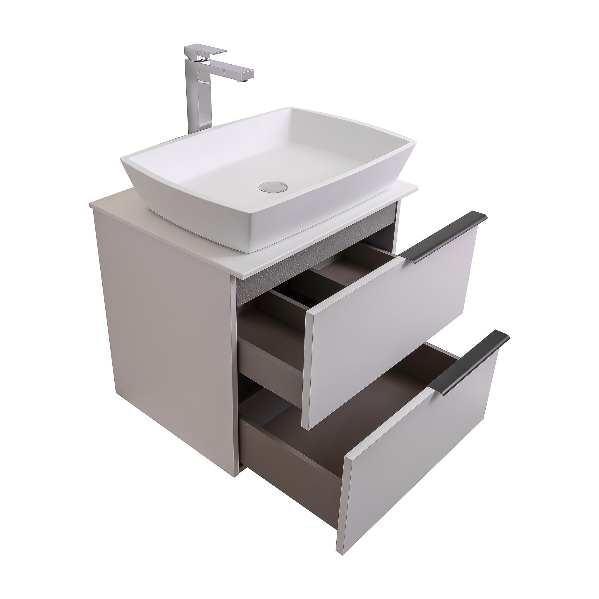 Mallorca 23.5 Matte White Cabinet, Solid Surface Flat White Counter And Square Solid Surface White Basin 1316, Wall Mounted Modern Vanity Set