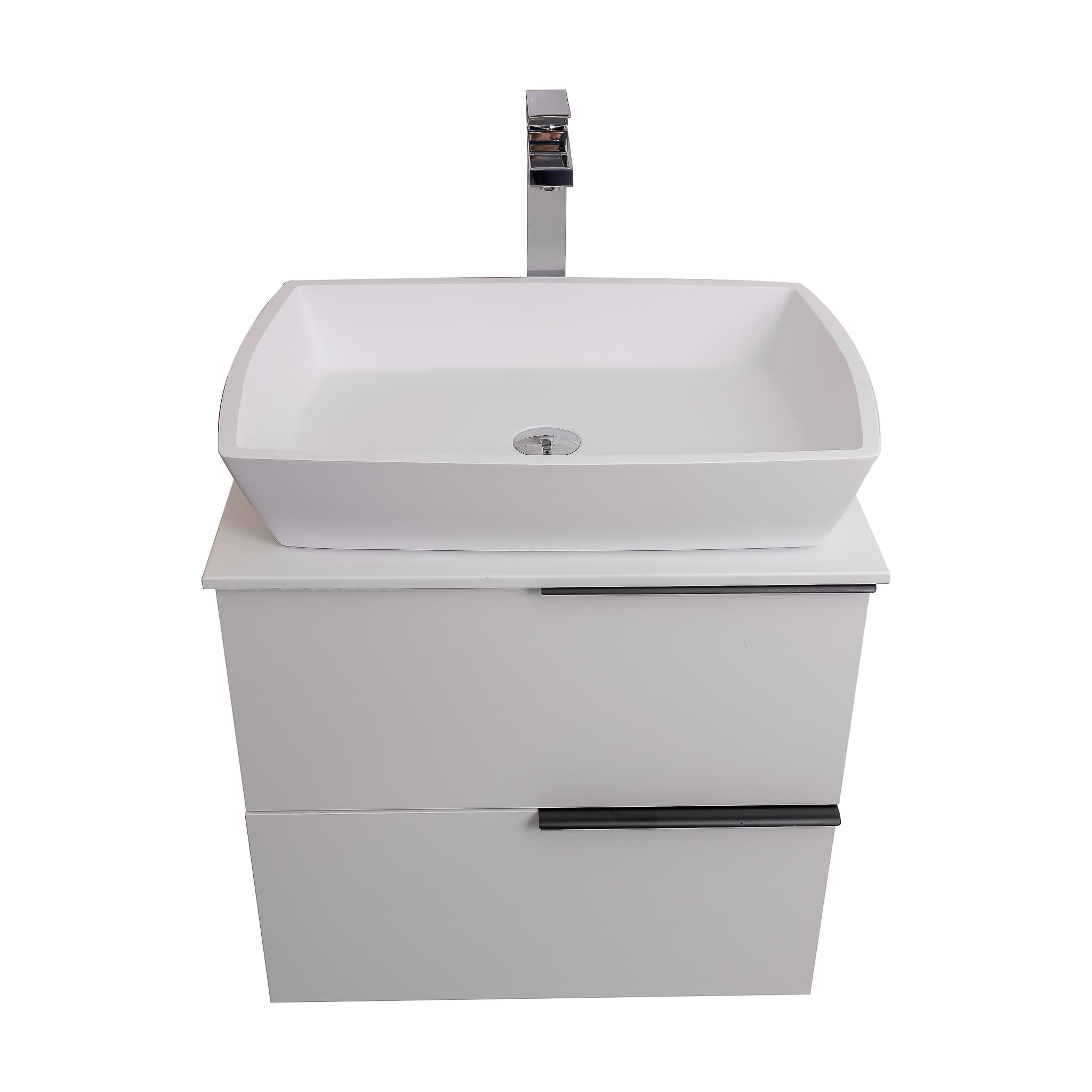 Mallorca 23.5 Matte White Cabinet, Solid Surface Flat White Counter And Square Solid Surface White Basin 1316, Wall Mounted Modern Vanity Set