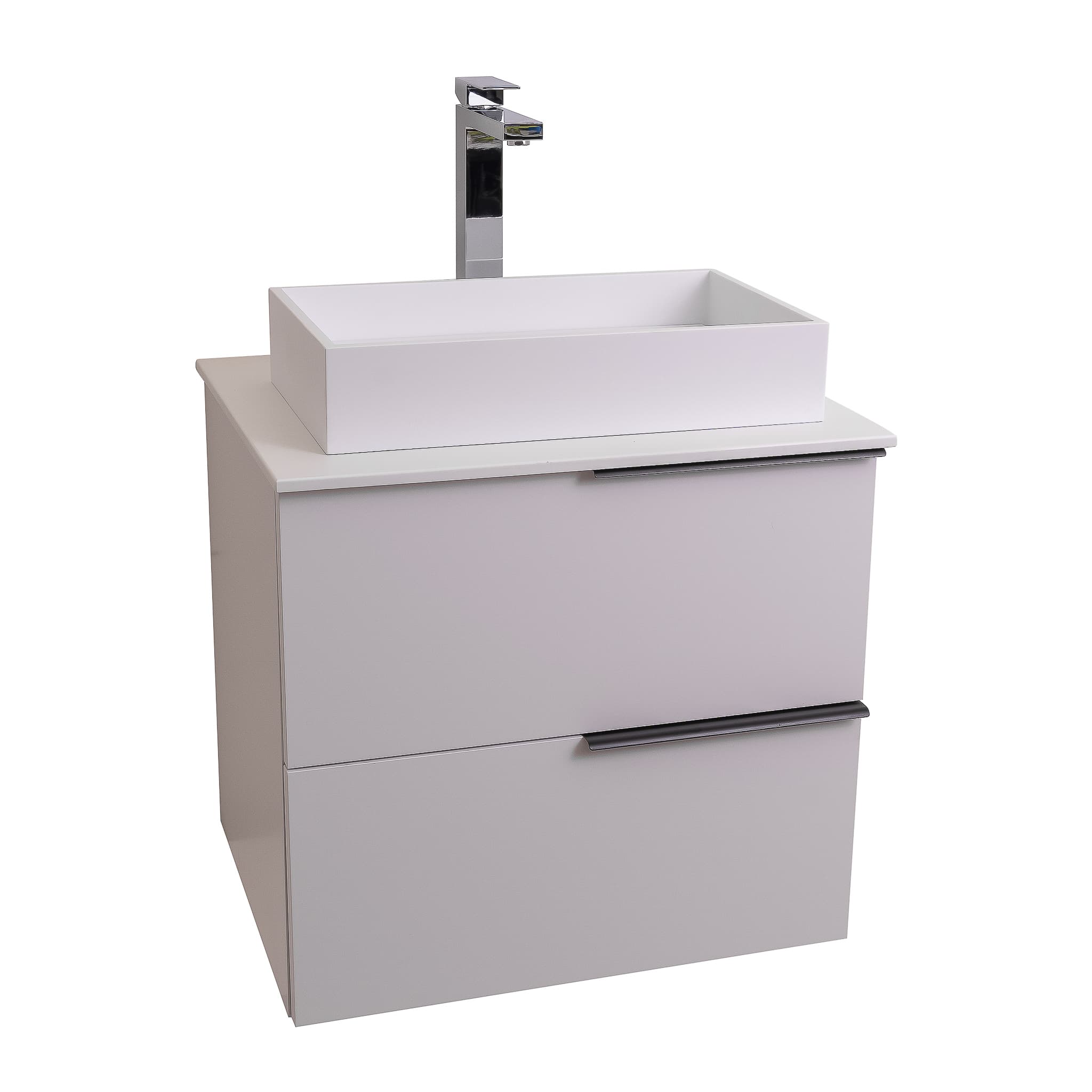 Mallorca 23.5 Matte White Cabinet, Solid Surface Flat White Counter And Infinity Square Solid Surface White Basin 1329, Wall Mounted Modern Vanity Set