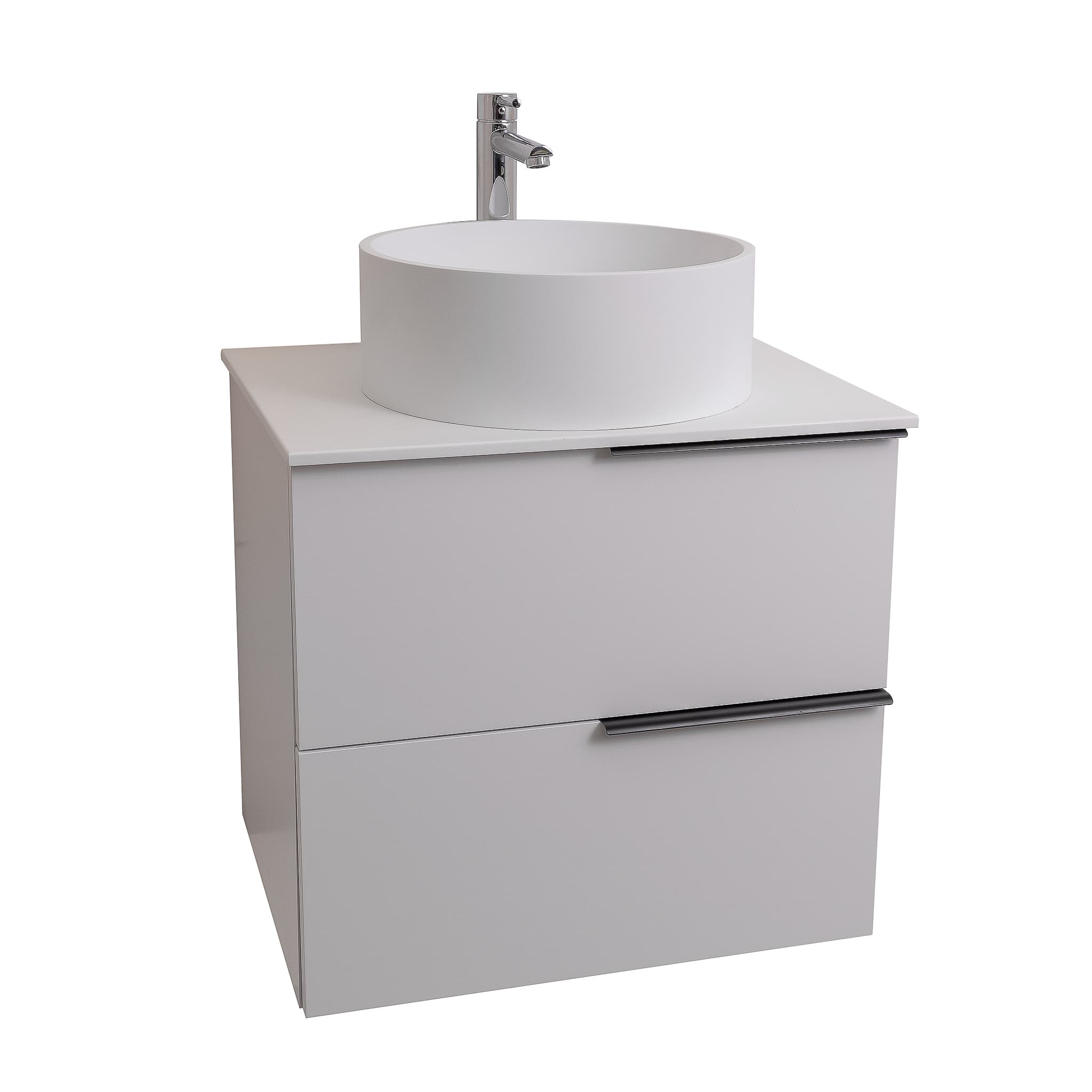 Mallorca 23.5 Matte White Cabinet, Solid Surface Flat White Counter And Round Solid Surface White Basin 1386, Wall Mounted Modern Vanity Set