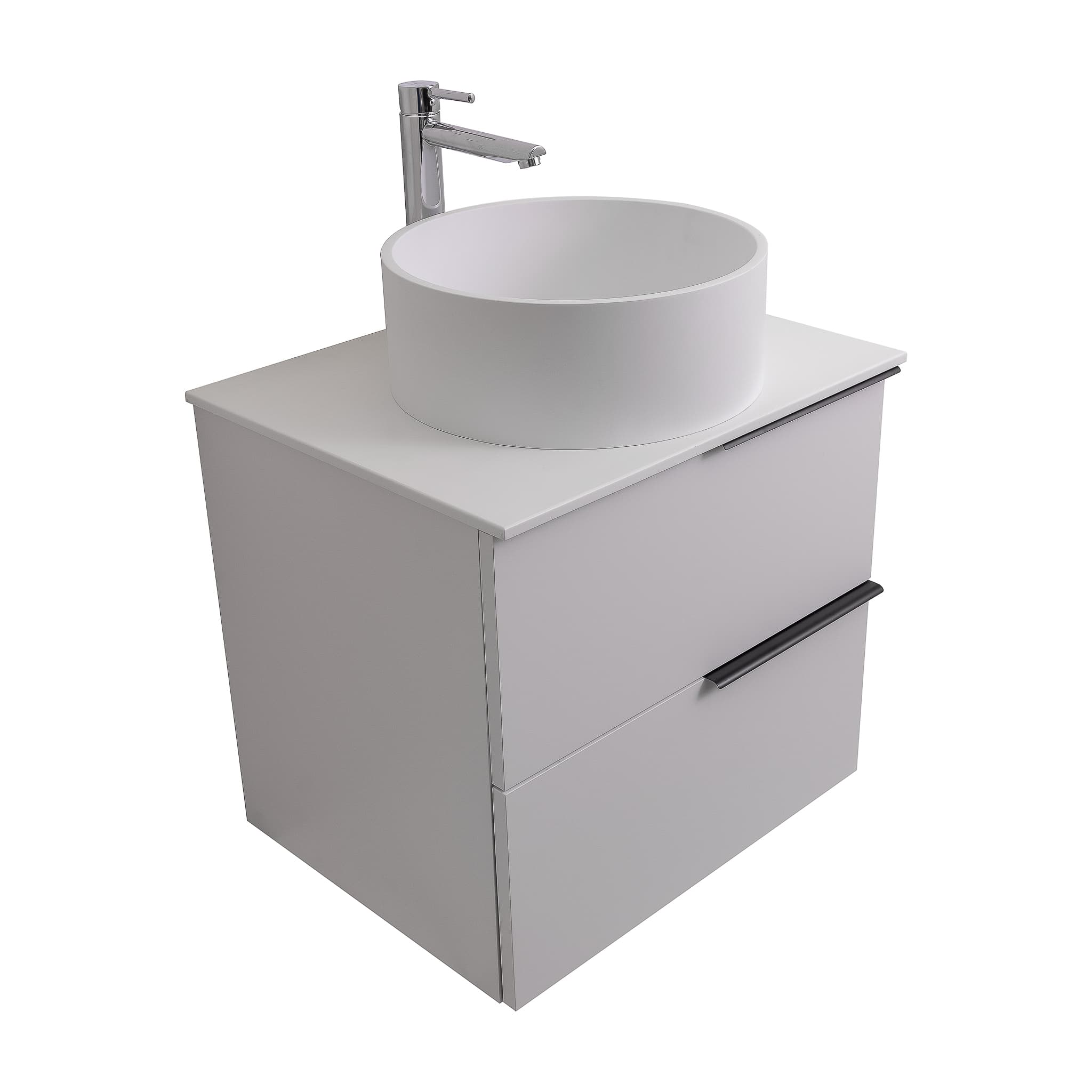 Mallorca 23.5 Matte White Cabinet, Solid Surface Flat White Counter And Round Solid Surface White Basin 1386, Wall Mounted Modern Vanity Set