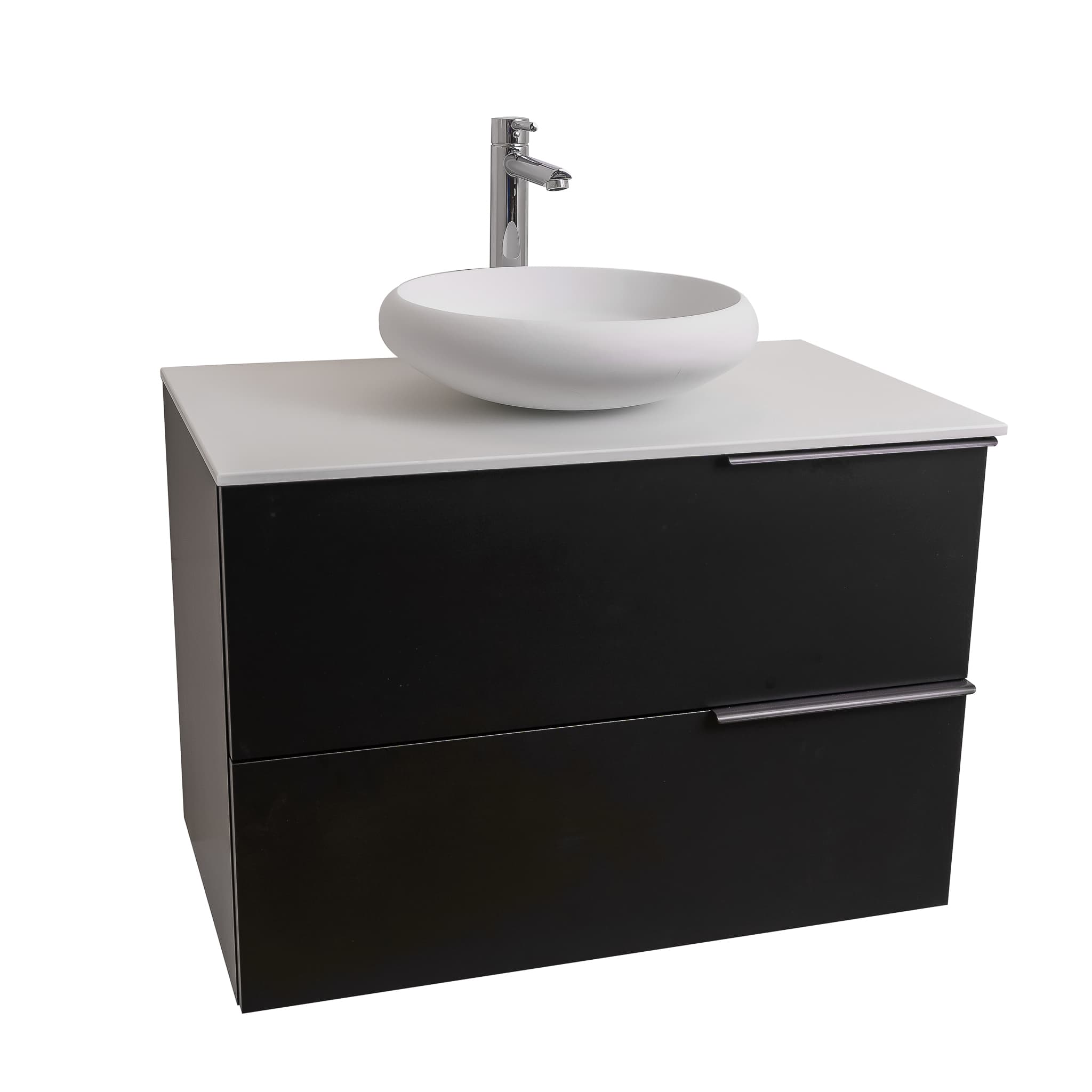 Mallorca 31.5 Matte Black Cabinet, Solid Surface Flat White Counter And Round Solid Surface White Basin 1153, Wall Mounted Modern Vanity Set