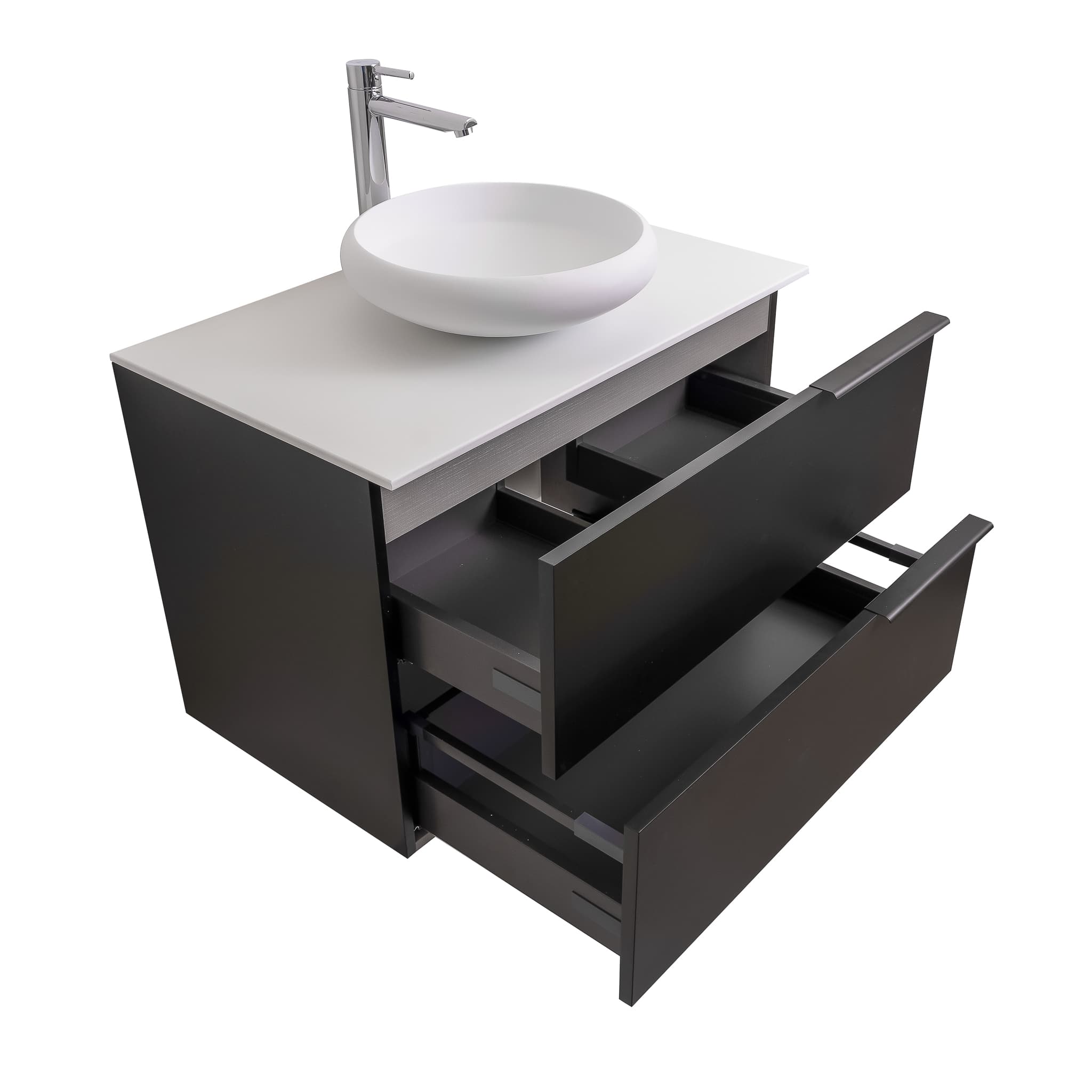 Mallorca 31.5 Matte Black Cabinet, Solid Surface Flat White Counter And Round Solid Surface White Basin 1153, Wall Mounted Modern Vanity Set
