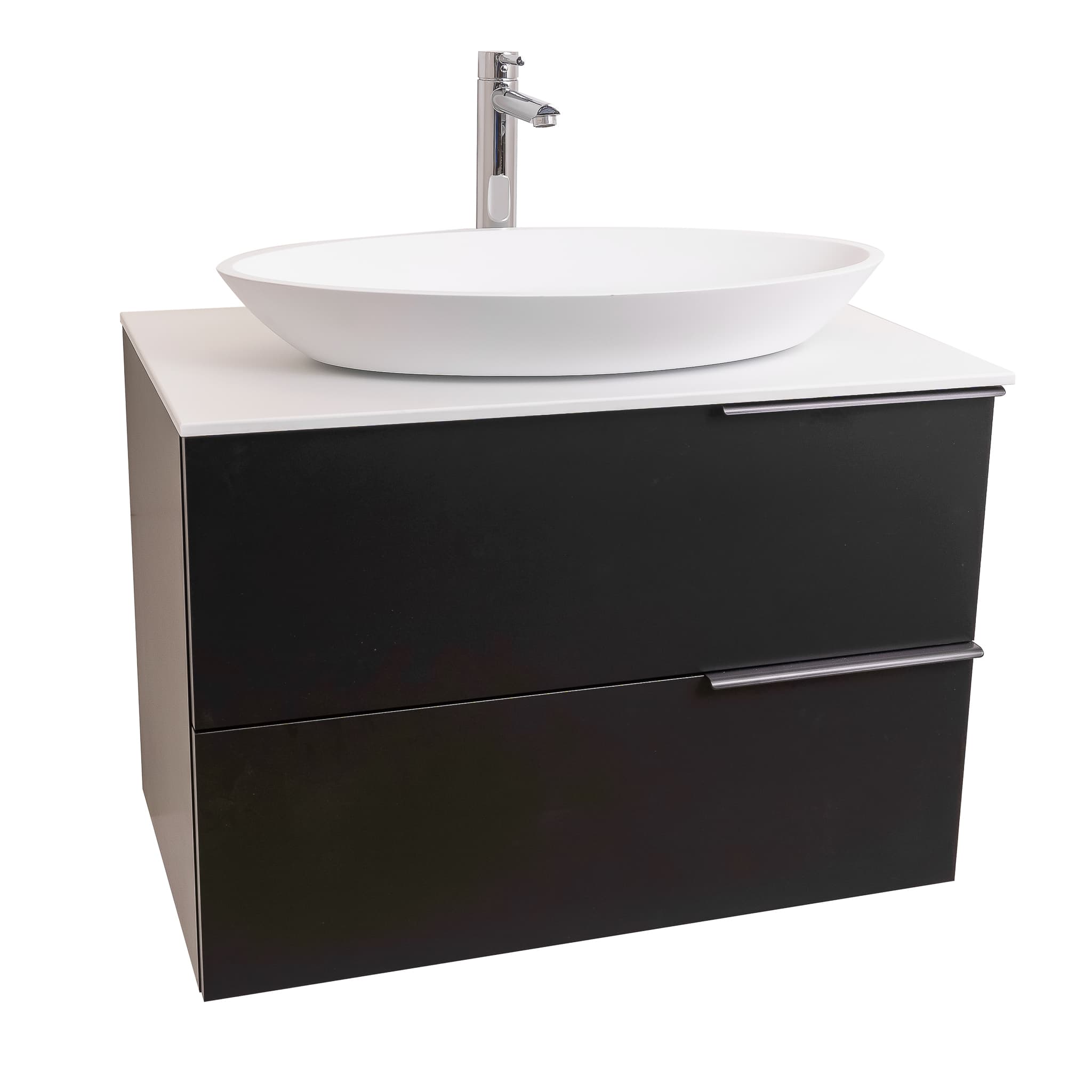 Mallorca 31.5 Matte Black Cabinet, Solid Surface Flat White Counter And Oval Solid Surface White Basin 1305, Wall Mounted Modern Vanity Set